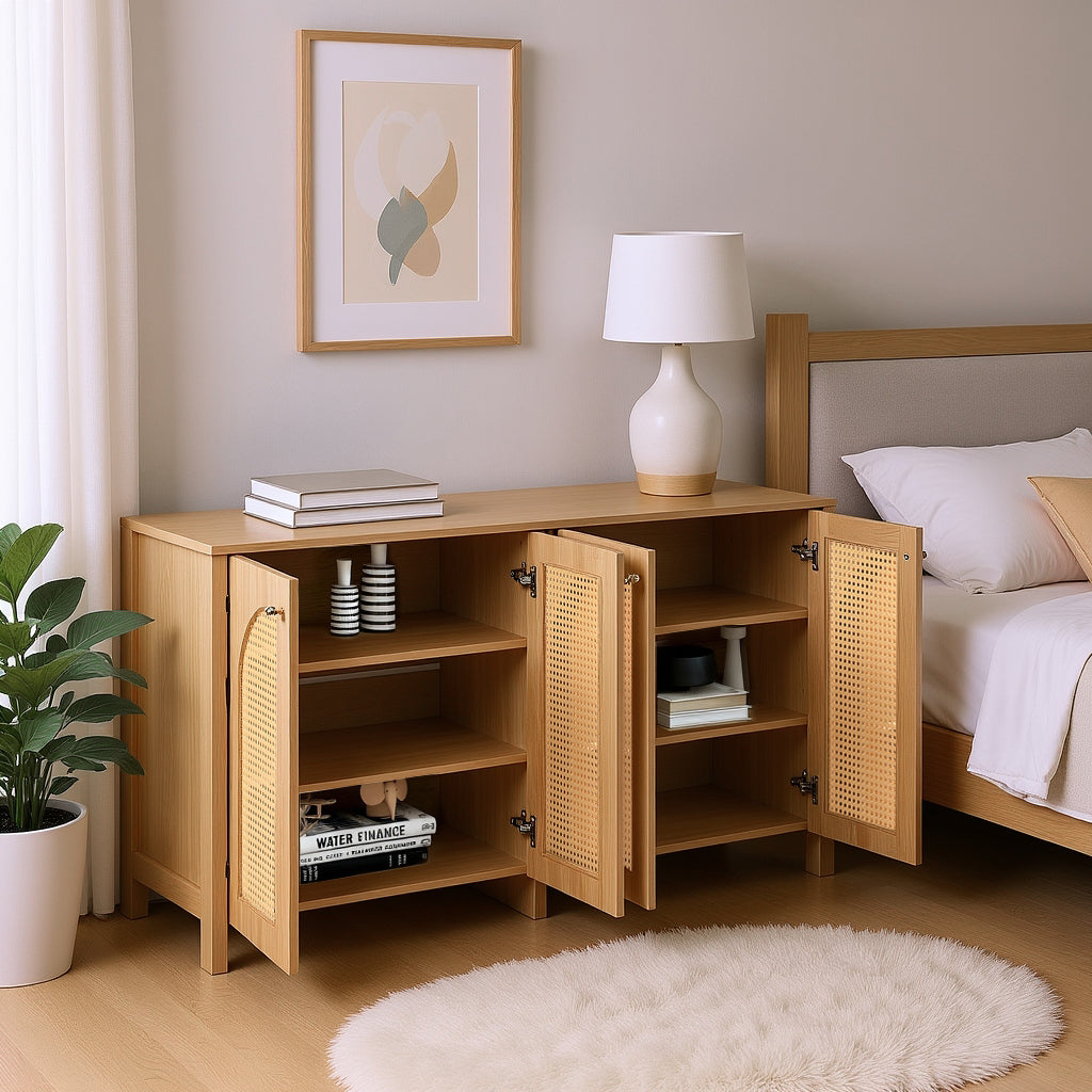 Modernes, minimalistisches Sideboard aus Naturholz mit 4 Rohrtüren und Metallgriffen