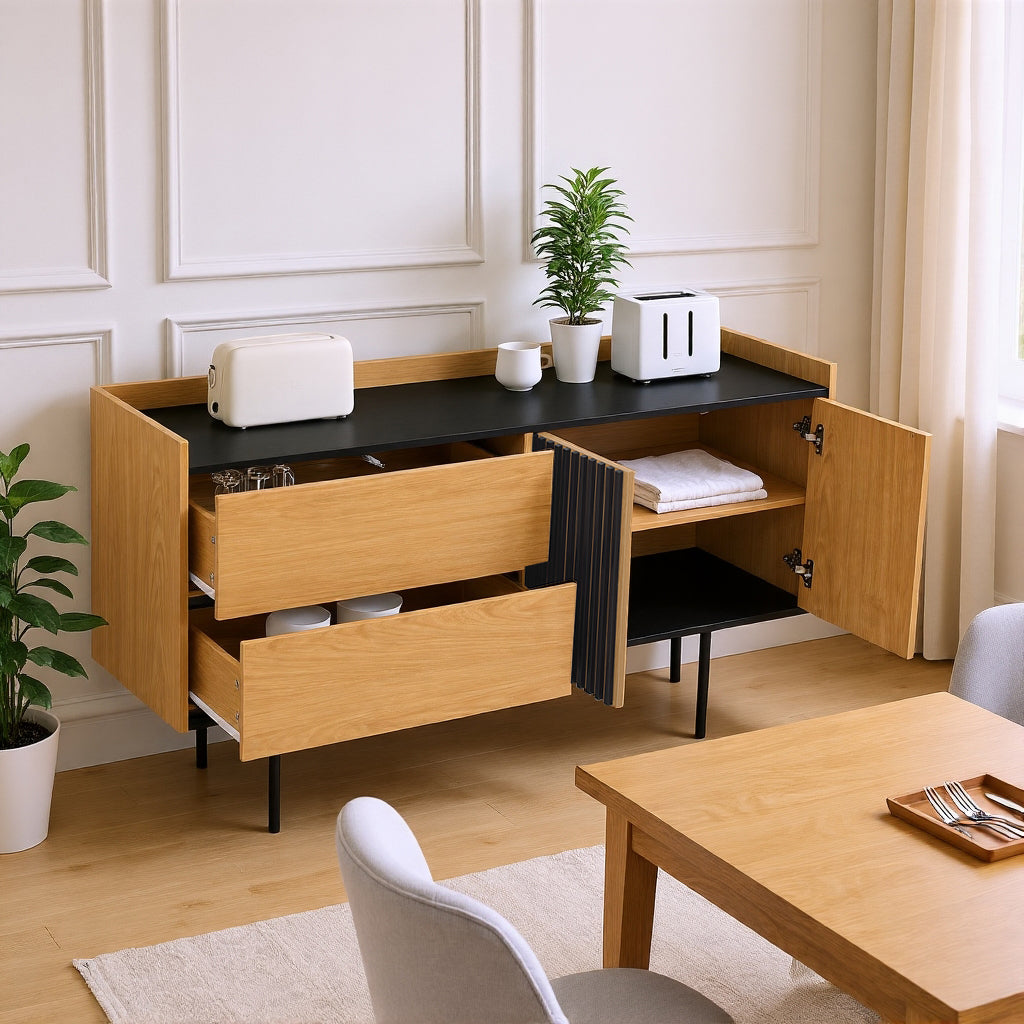 Modernes minimalistisches Buffet 130 cm mit 2 Schubladen, Türen und verstellbares Regal, schwarzes Tablett und Eichendekor, schwarze Metallfüße