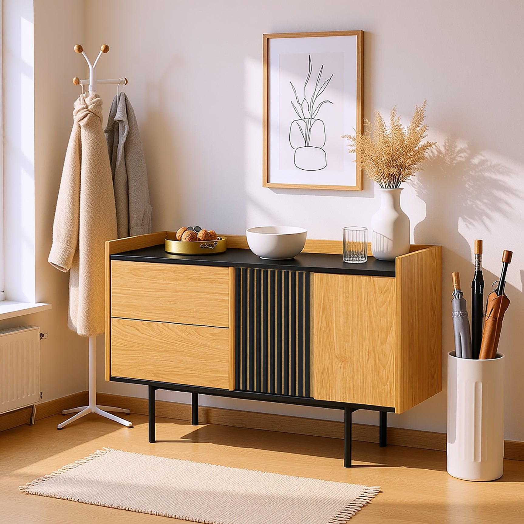 Modernes minimalistisches Buffet 130 cm mit 2 Schubladen, Türen und verstellbares Regal, schwarzes Tablett und Eichendekor, schwarze Metallfüße