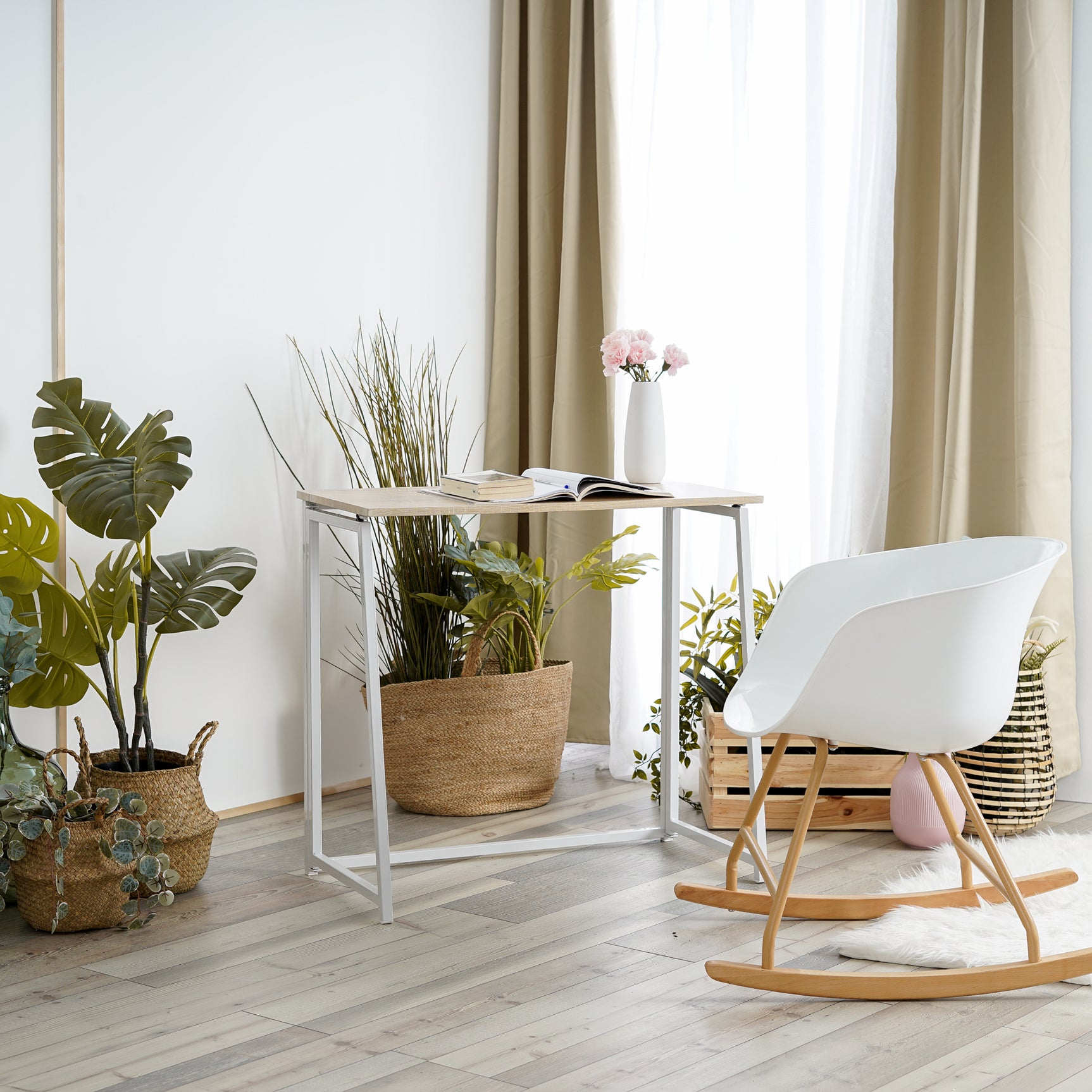 Bureau/table d'ordinateur industriel pliant en bois de chêne et en métal blanc - ASCOLI