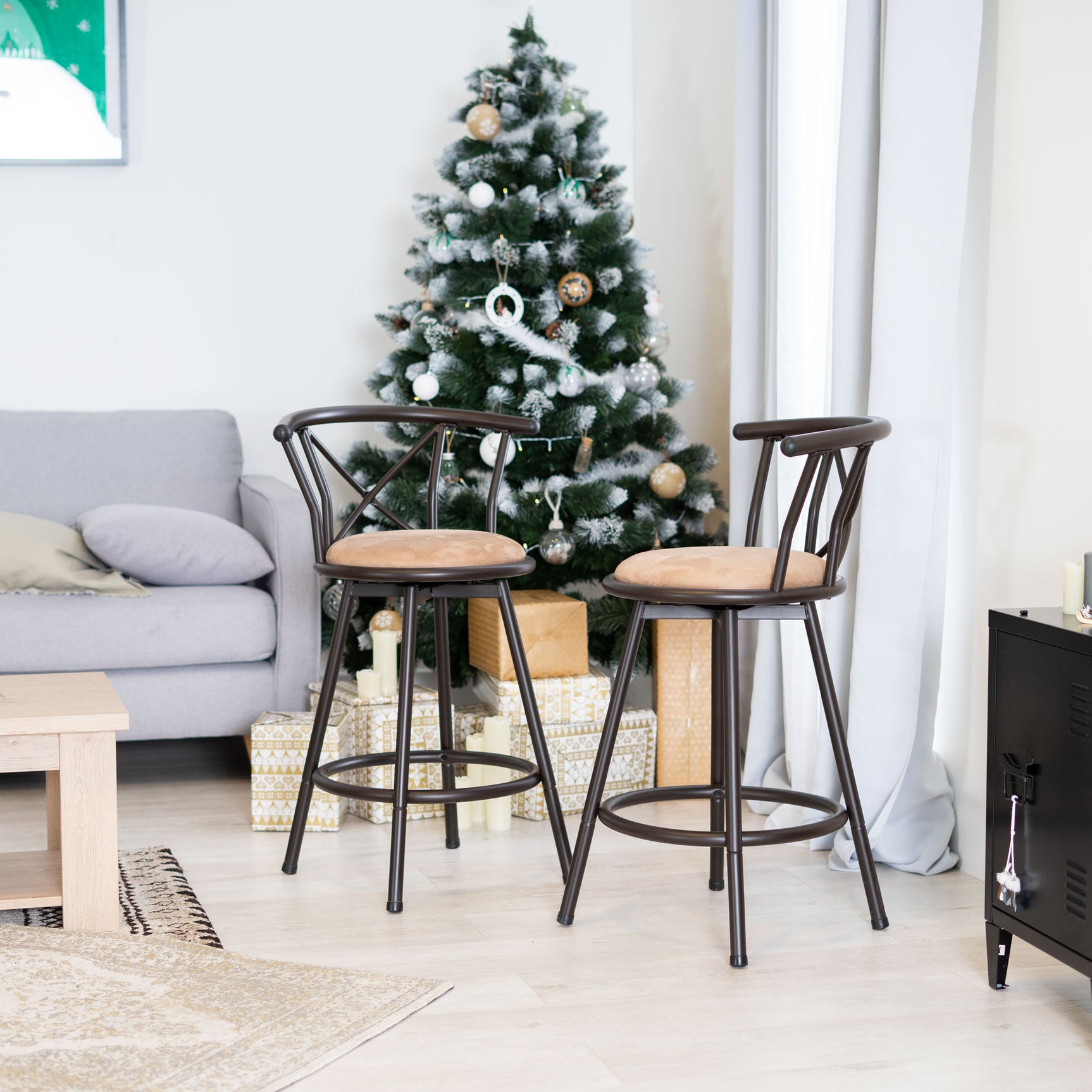 Lot de 4 tabourets de bar industriels pivotants avec dossier en tissu marron - HAILEY 24