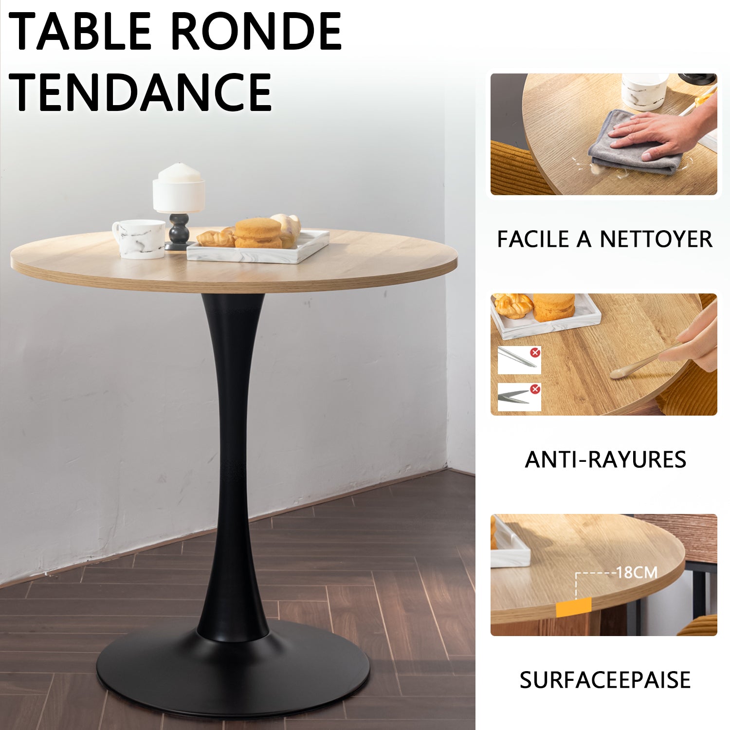 Ensemble de salle à manger composé d'une table ronde en chêne et de deux fauteuils en tissu gris, scandinave pour la salle à manger