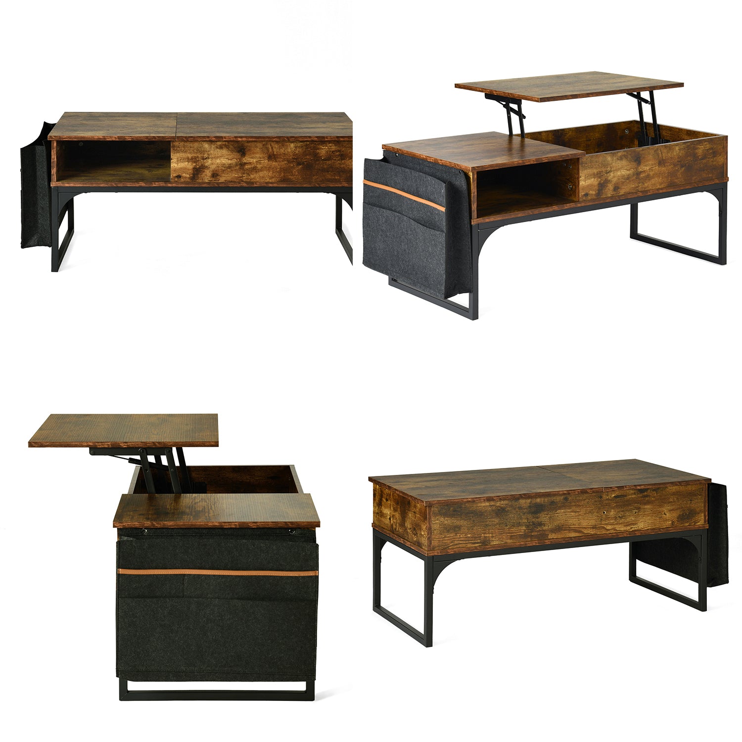 Table basse relevable style industriel avec rangement caché, plateau élévateur et pochette latérale, bois vintage et métal noir - ZOLA