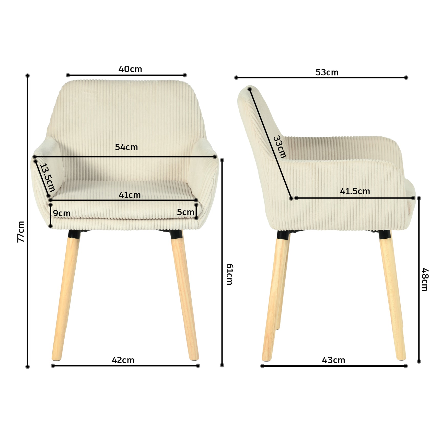 Lot de 6 chaises de salle à manger de style scandinave avec pieds en bois et accoudoirs en velours côtelé beige - ELIA