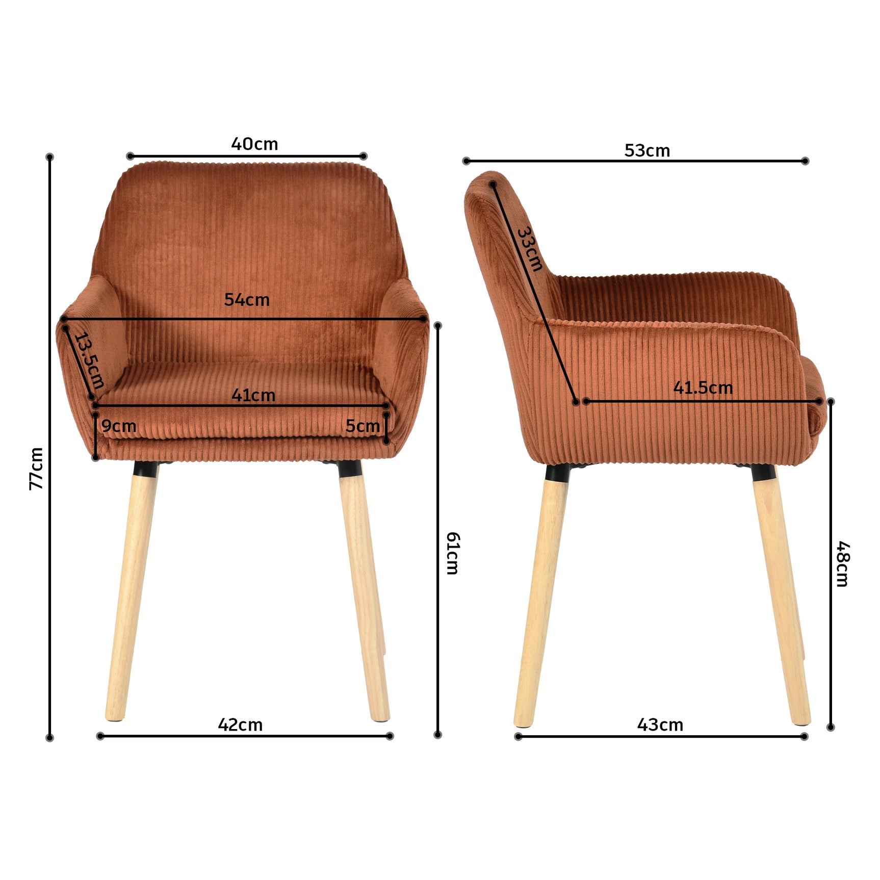 Lot de 2 chaises de salle à manger de style scandinave avec pieds en bois et accoudoirs en velours côtelé rouge - ELIA