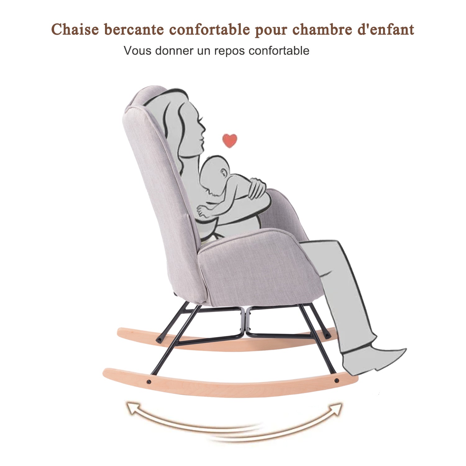 Fauteuil à bascule allaitement scandinave avec accoudoirs en tissu gris capitonné - EPPING