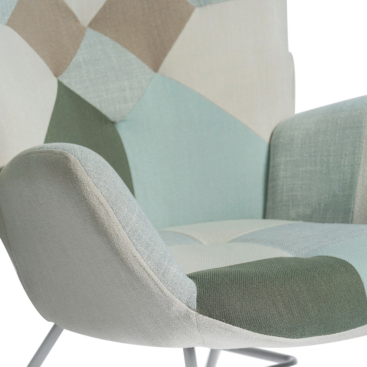 Fauteuil à bascule allaitement scandinave avec accoudoirs en tissu patchwork aqua capitonné - EPPING