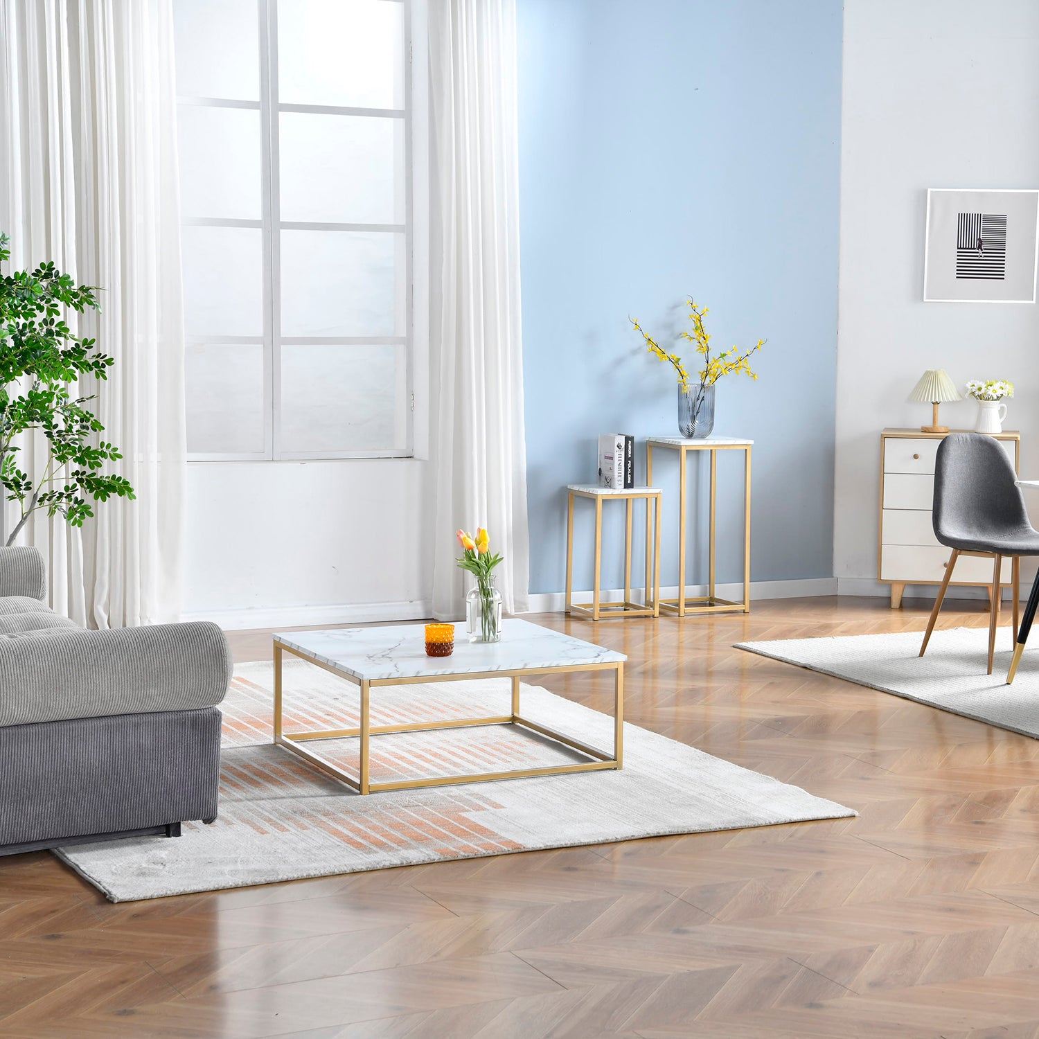 Contemporary style square coffee table, marble effect wooden tray, gold metal structure - facto