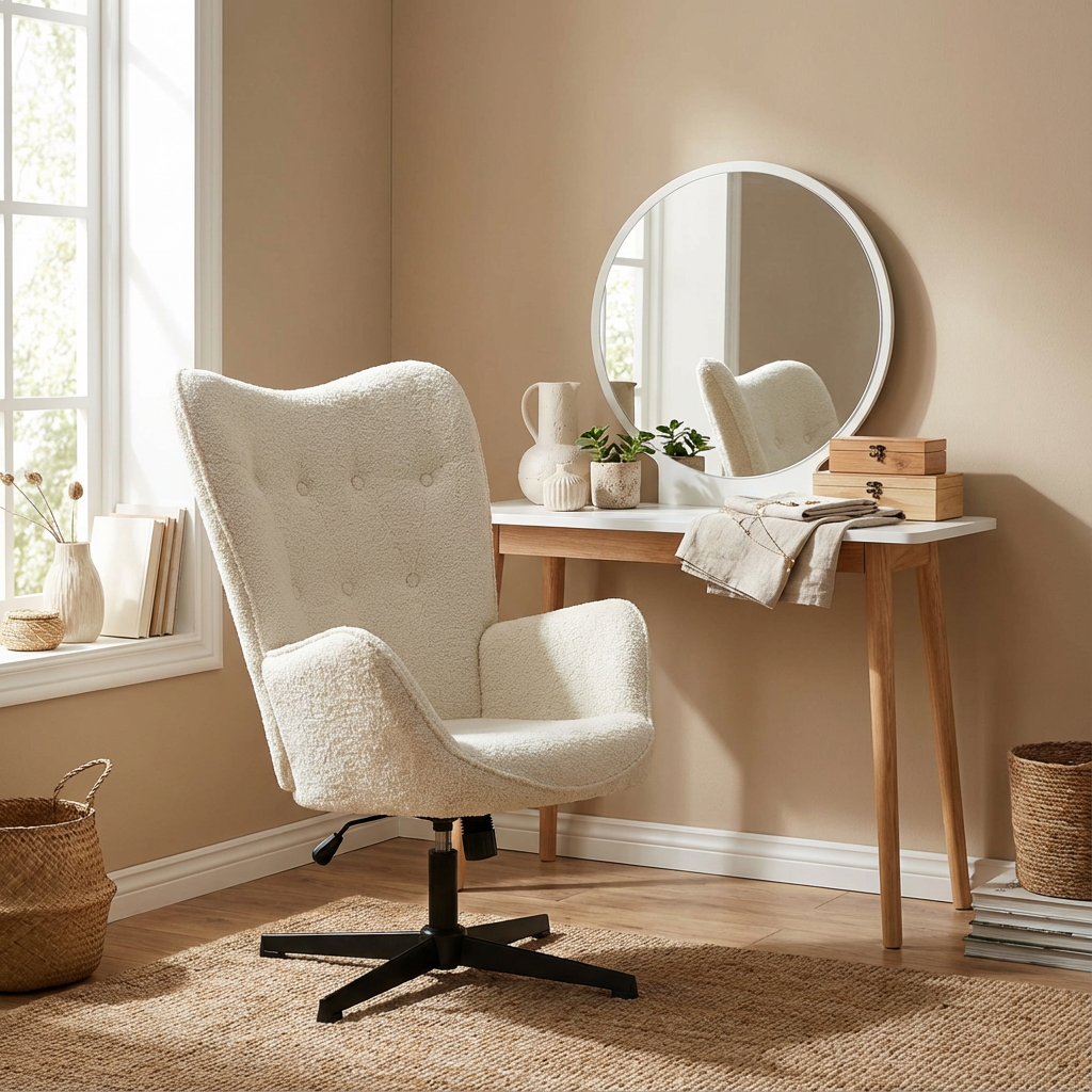 Fauteuil de bureau pivotant et réglable avec accoudoirs, fauteuil de salon inclinable en tissu chenille beige - FUCHS