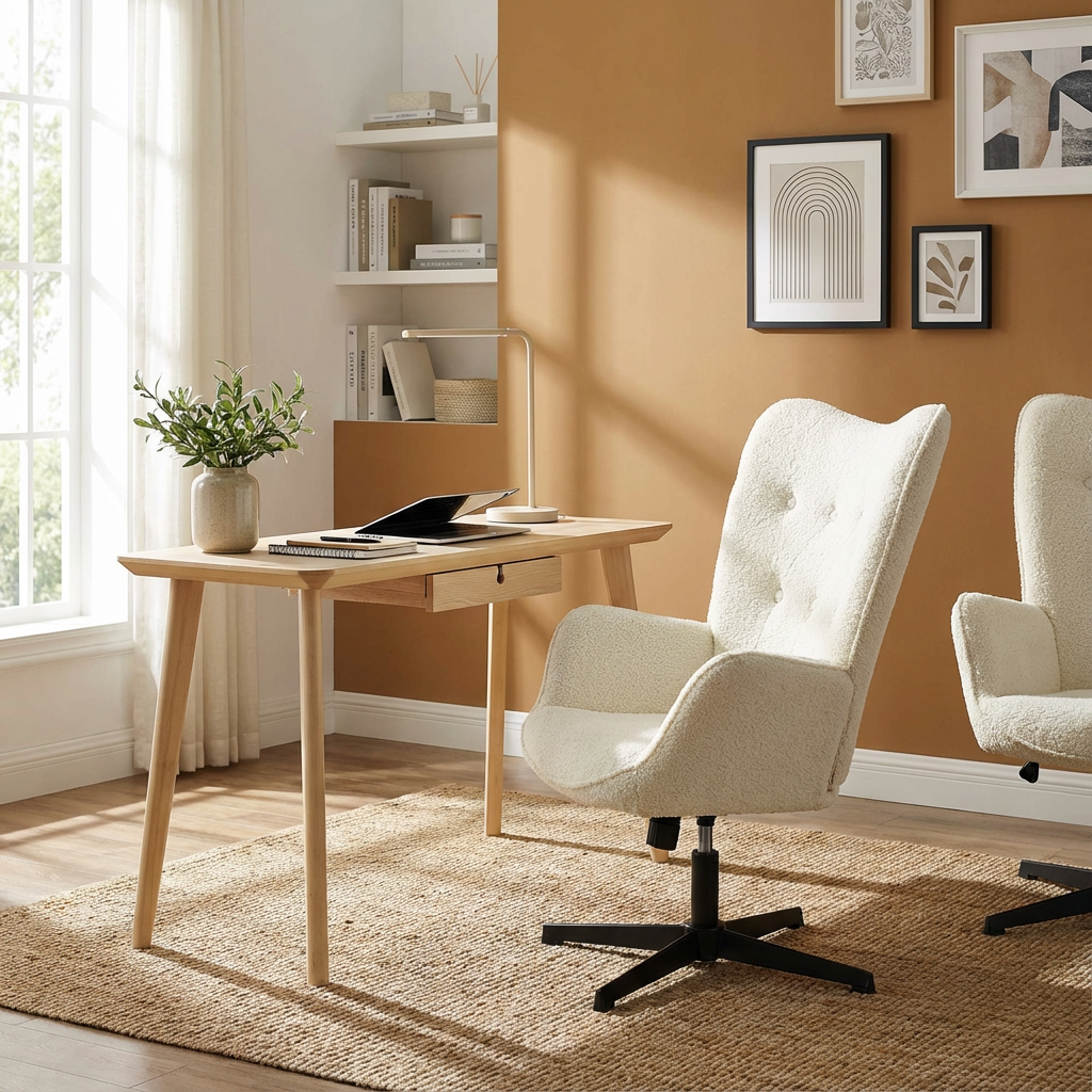 Fauteuil de bureau pivotant et réglable avec accoudoirs, fauteuil de salon inclinable en tissu chenille beige - FUCHS