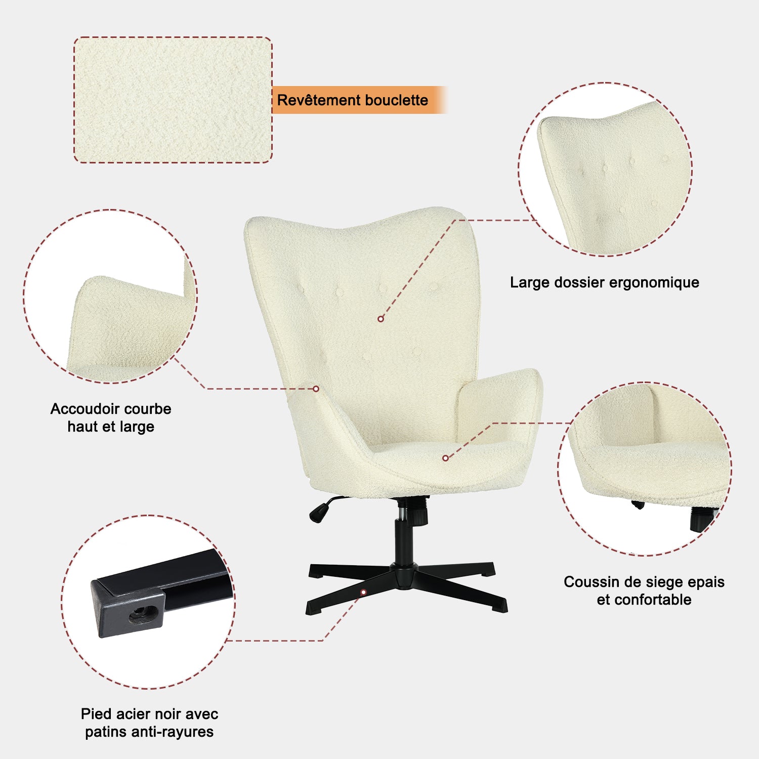 Fauteuil de bureau pivotant et réglable avec accoudoirs, fauteuil de salon inclinable en tissu chenille beige - FUCHS