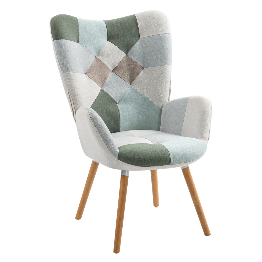 Scandinavian armchair with armrests in Aqua patchwork fabric with stitching - Funkel