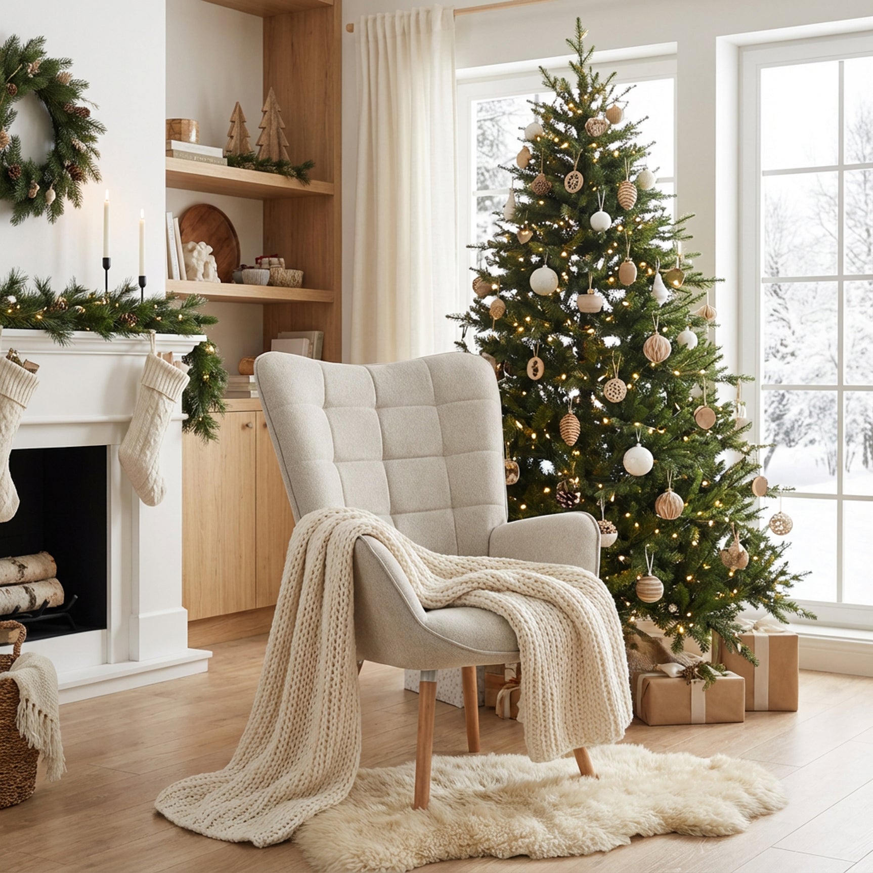 Scandinavian armchair with armrests in beige fabric with stitching - Funkel