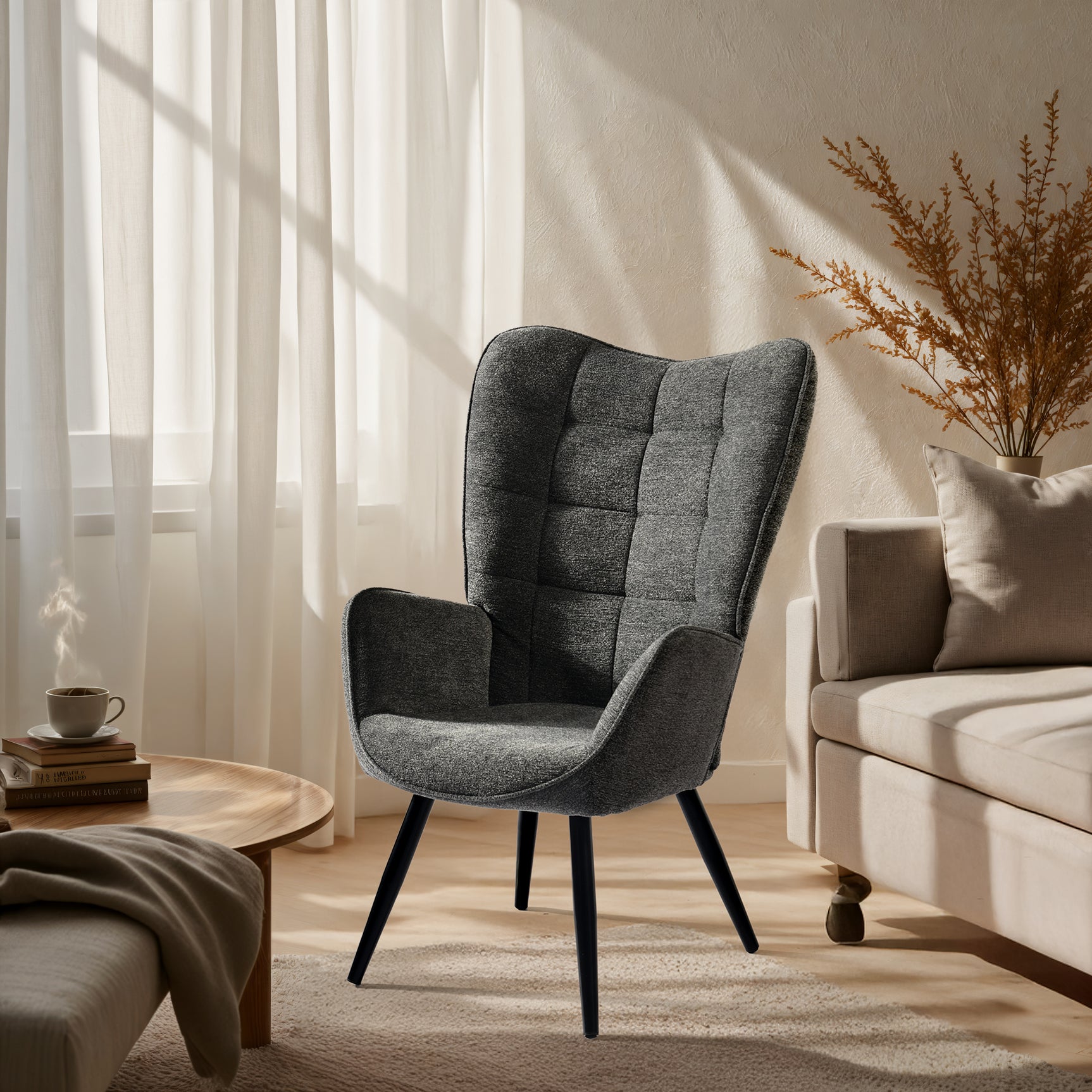 Fauteuil scandinave avec accoudoirs en tissu gris foncé à surpiqûres - FUNKEL