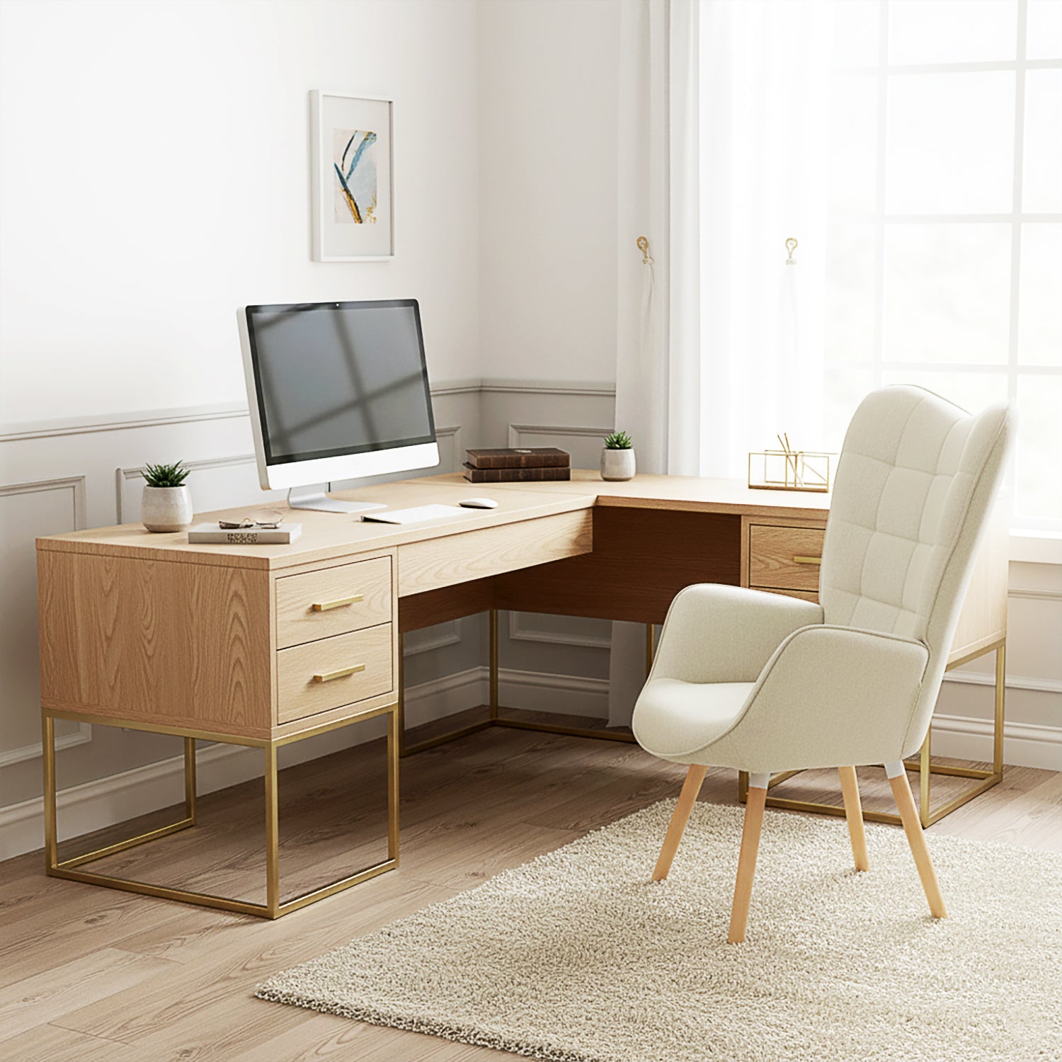 Scandinavian armchair with armrests in beige fabric with stitching - Funkel