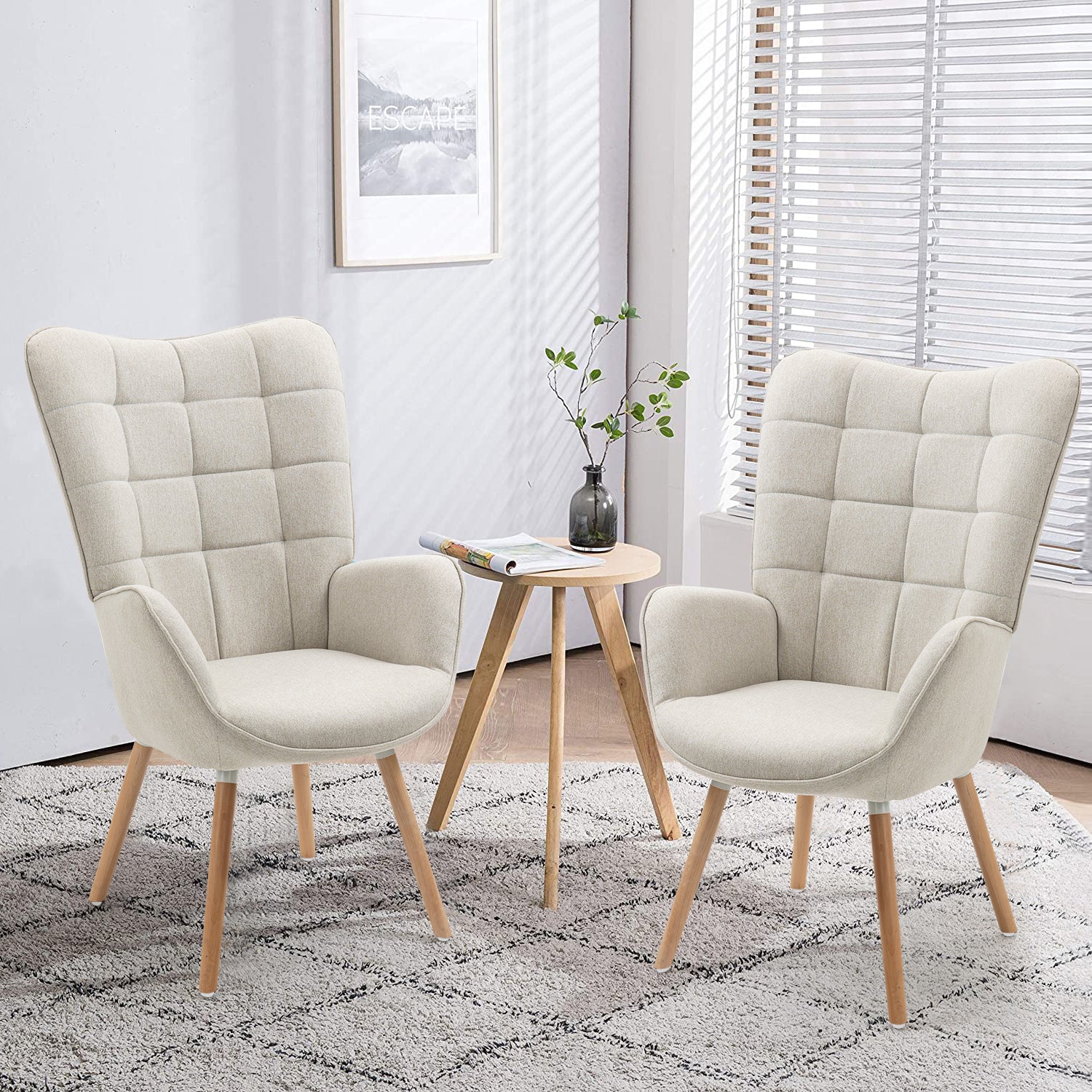 Scandinavian armchair with armrests in beige fabric with stitching - Funkel