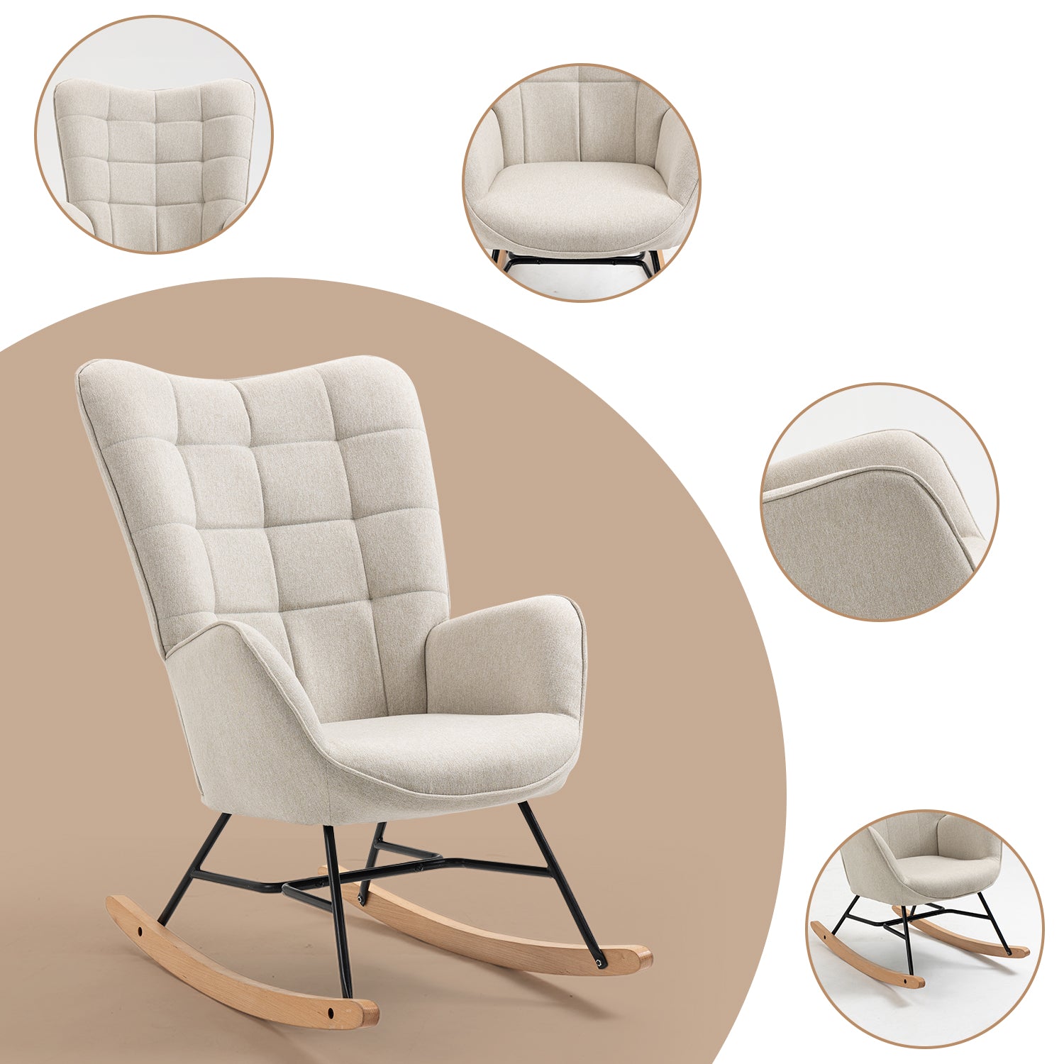 Fauteuil à bascule allaitement scandinave avec accoudoirs en tissu beige à surpiqûres - FUNKEL