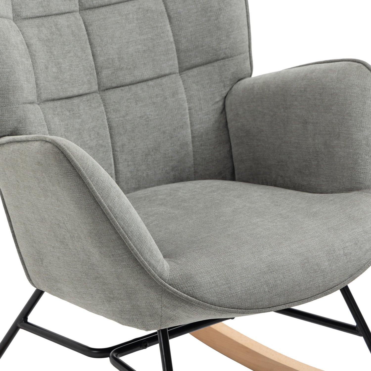 Fauteuil à bascule allaitement scandinave avec accoudoirs en tissu gris à surpiqûres - FUNKEL
