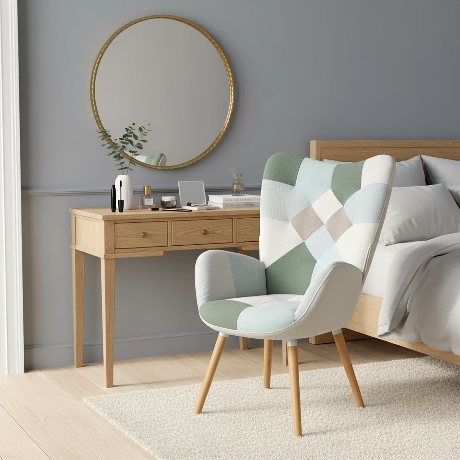 Fauteuil scandinave avec accoudoirs en tissu patchwork aqua à surpiqûres - FUNKEL