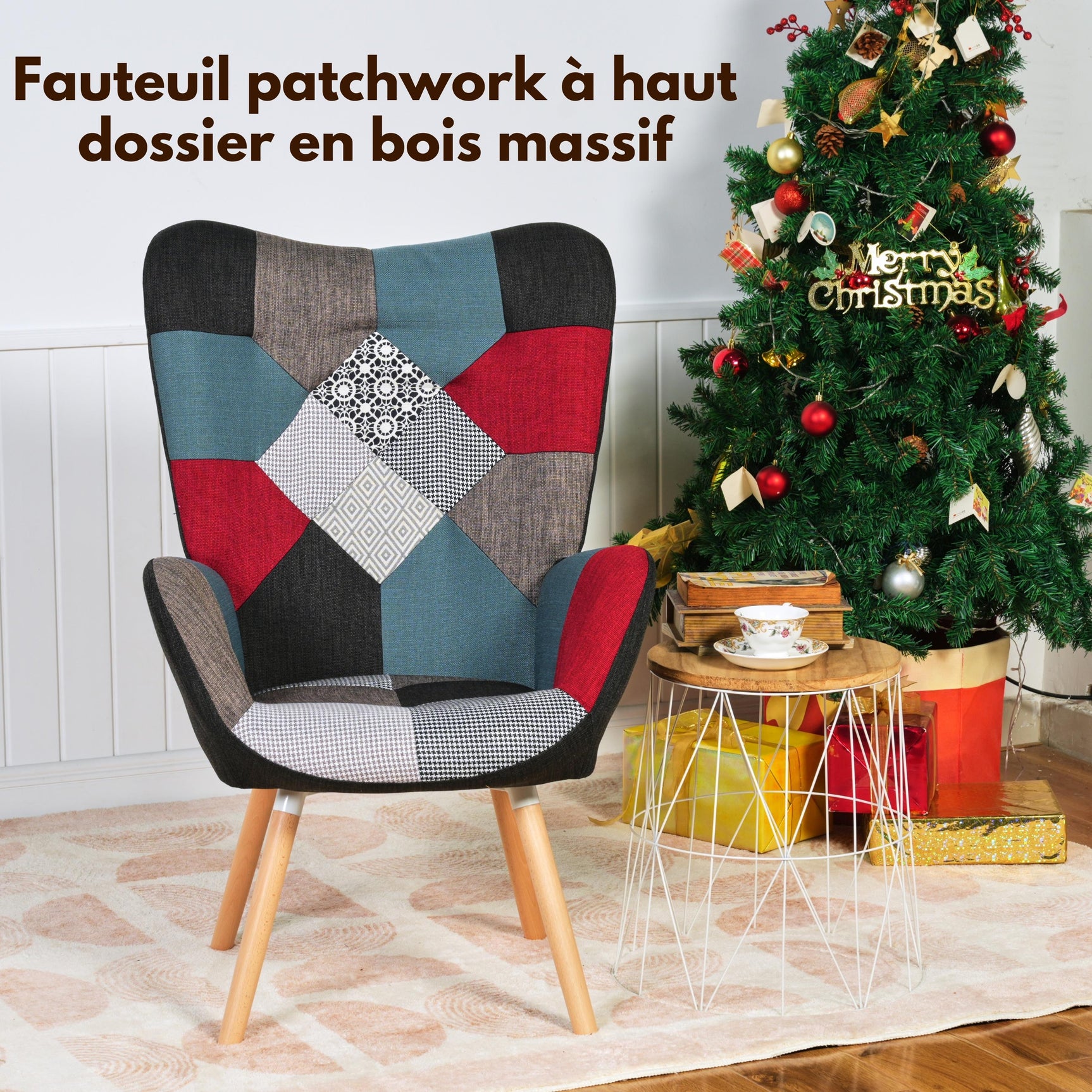 Fauteuil scandinave avec accoudoirs en tissu patchwork à surpiqûres - FUNKEL