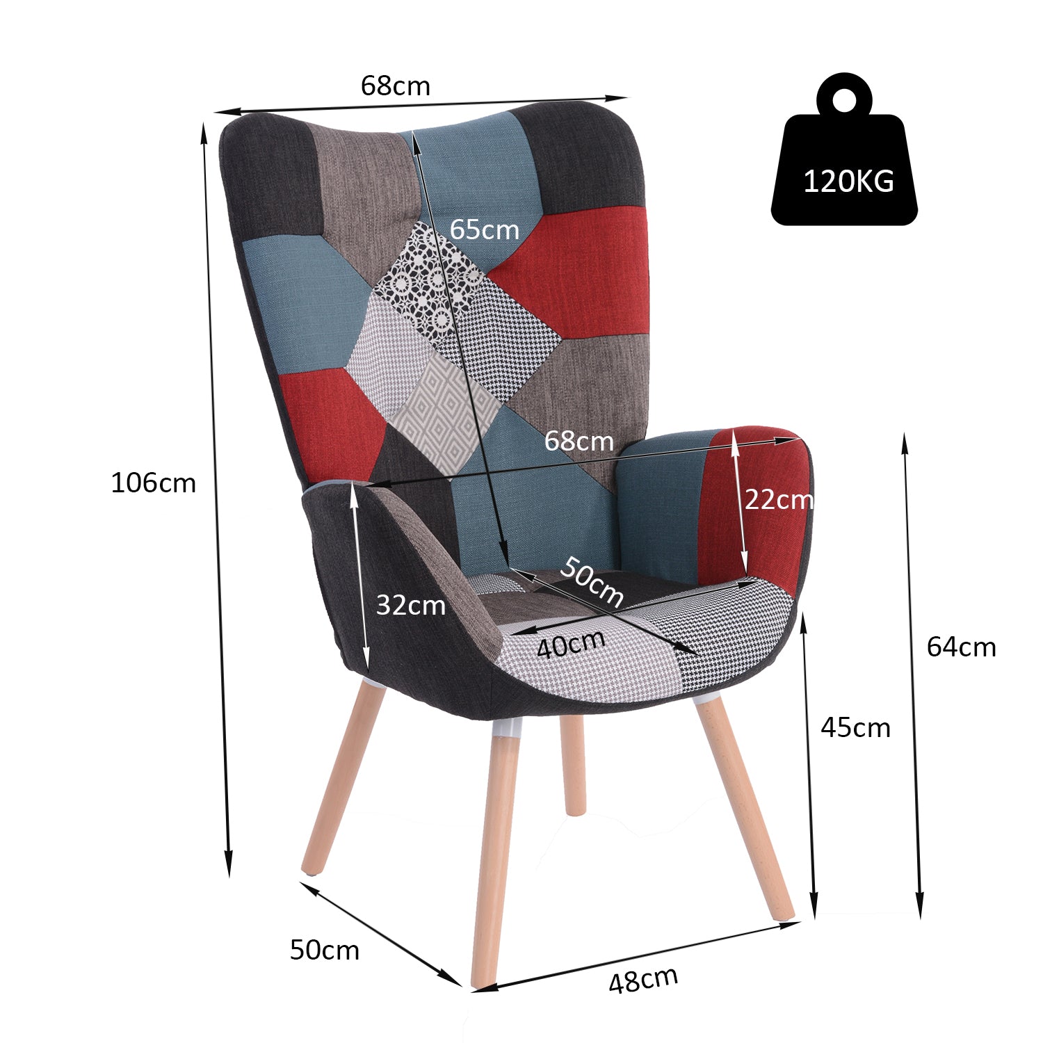 Fauteuil scandinave avec accoudoirs en tissu patchwork à surpiqûres - FUNKEL