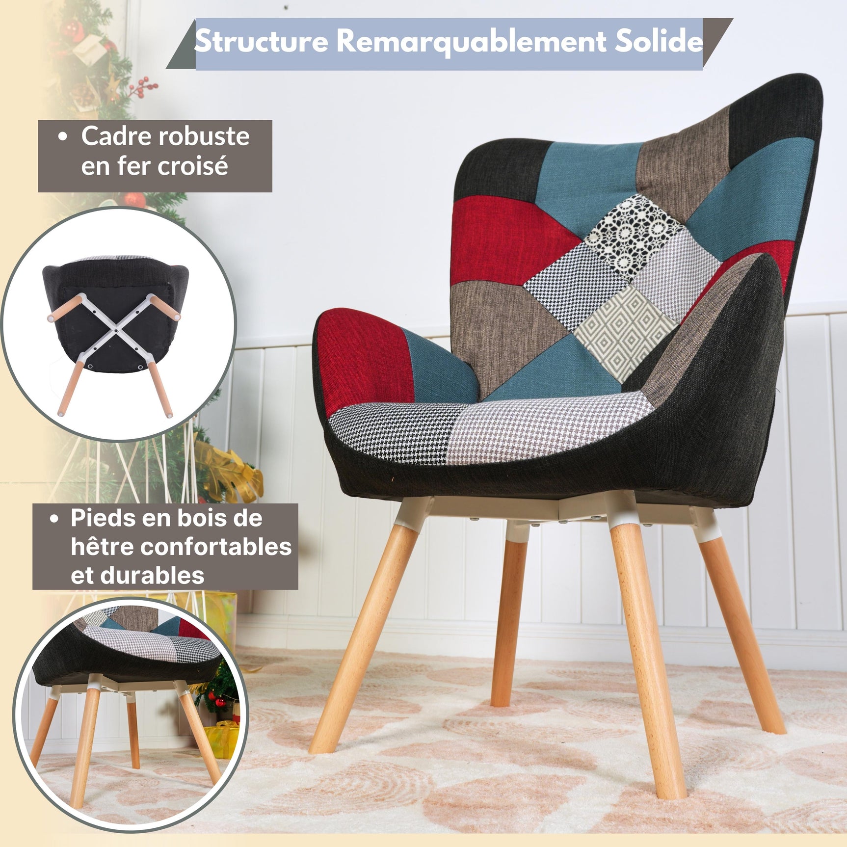 Fauteuil scandinave avec accoudoirs en tissu patchwork à surpiqûres - FUNKEL