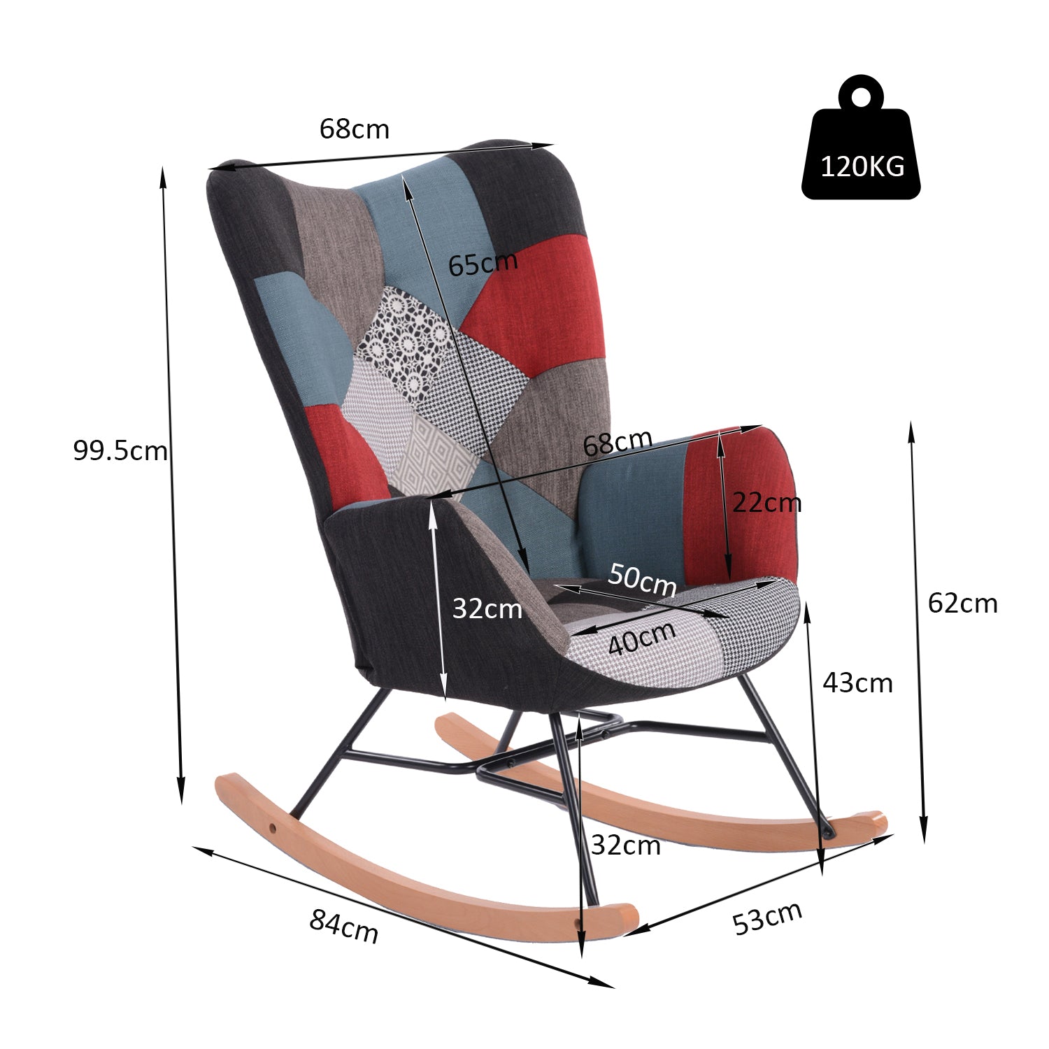 Fauteuil à bascule allaitement scandinave avec accoudoirs en tissu patchwork à surpiqûres - FUNKEL