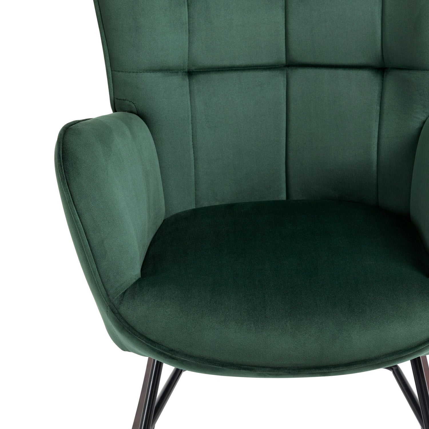 Fauteuil à bascule allaitement scandinave avec accoudoirs en velours vert foncé à surpiqûres - FUNKEL