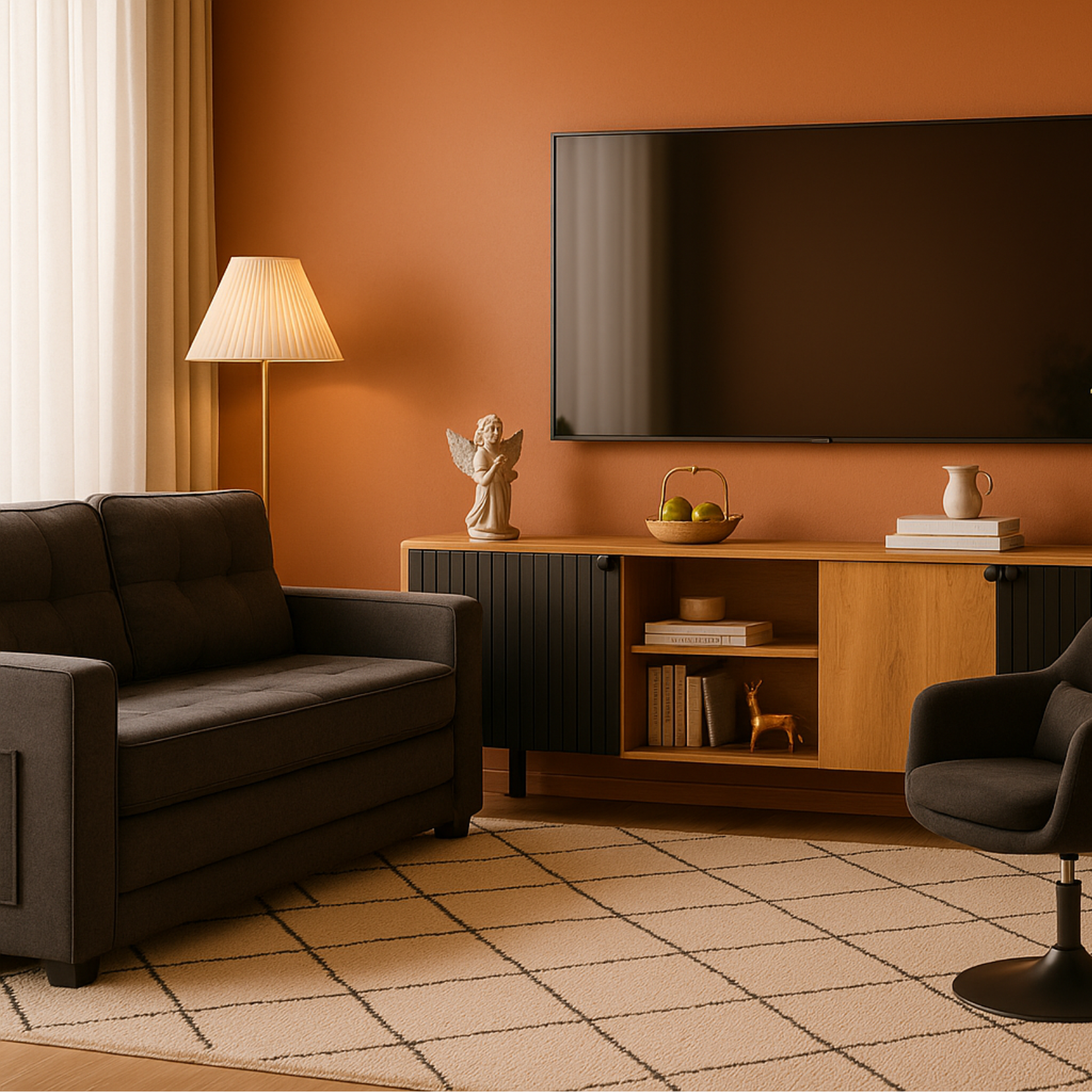 2-seater sofa bed in dark gray fabric with side pockets, modern convertible sofa