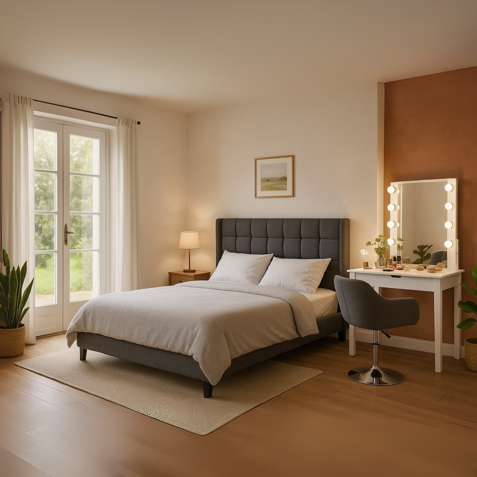 Lit double 140x200 cm en tissu gris avec tête de lit capitonnée et sommier à lattes inclus, design élégant et confortable (matelas non inclus)