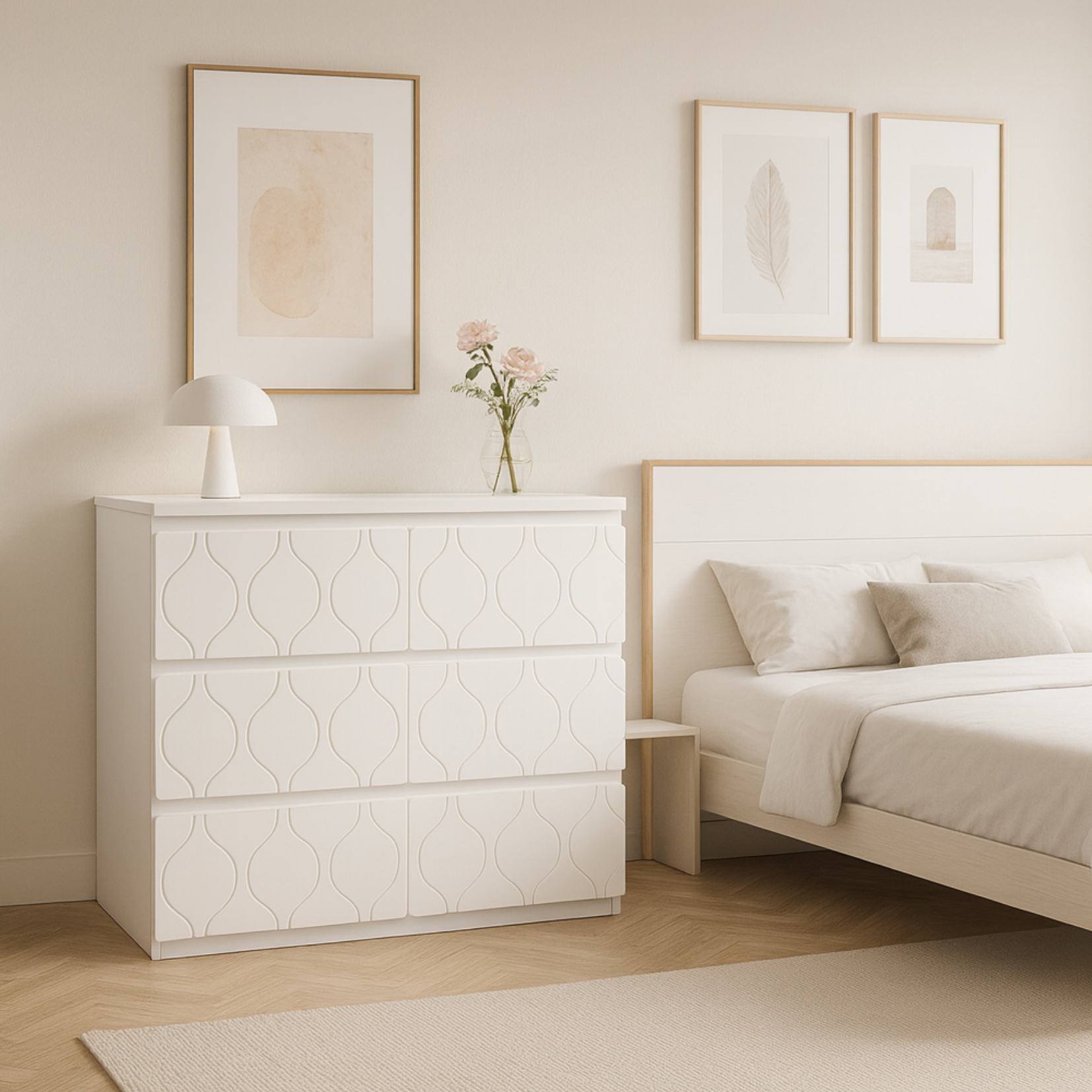 Commode blanche avec 6 tiroirs au design ondulé, finition laquée élégante et coins renforcés