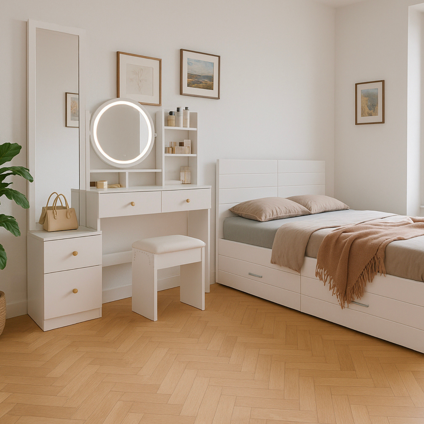 Coiffeuse 4-en-1 blanche avec miroir entier et miroir de table rotatif, tabouret rembourré, rangement intégré et éclairage LED 3 couleurs, 109x36x164 cm