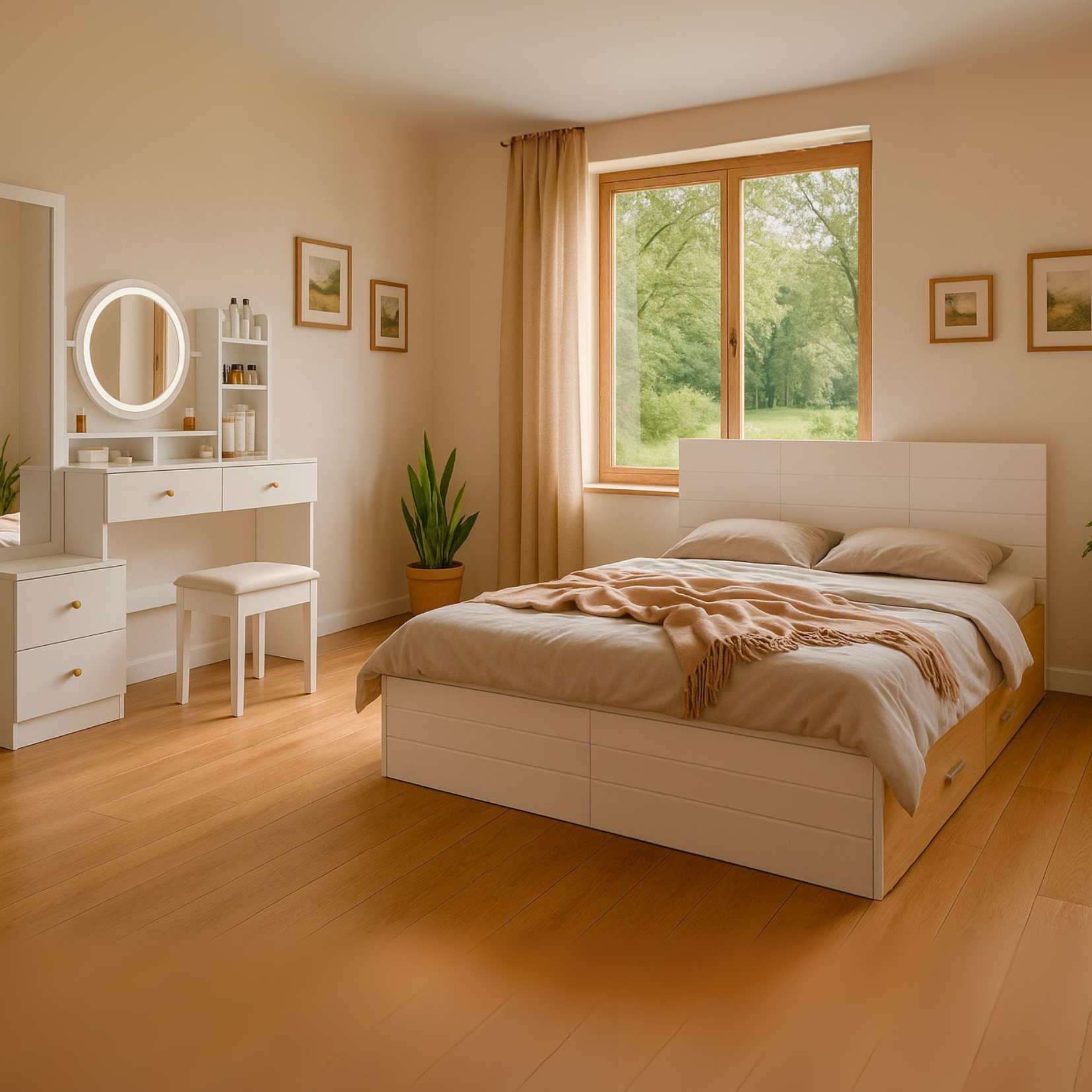 Lit double 140x200 cm en bois avec sommier à lattes et 2 tiroirs de rangement (sans matelas)