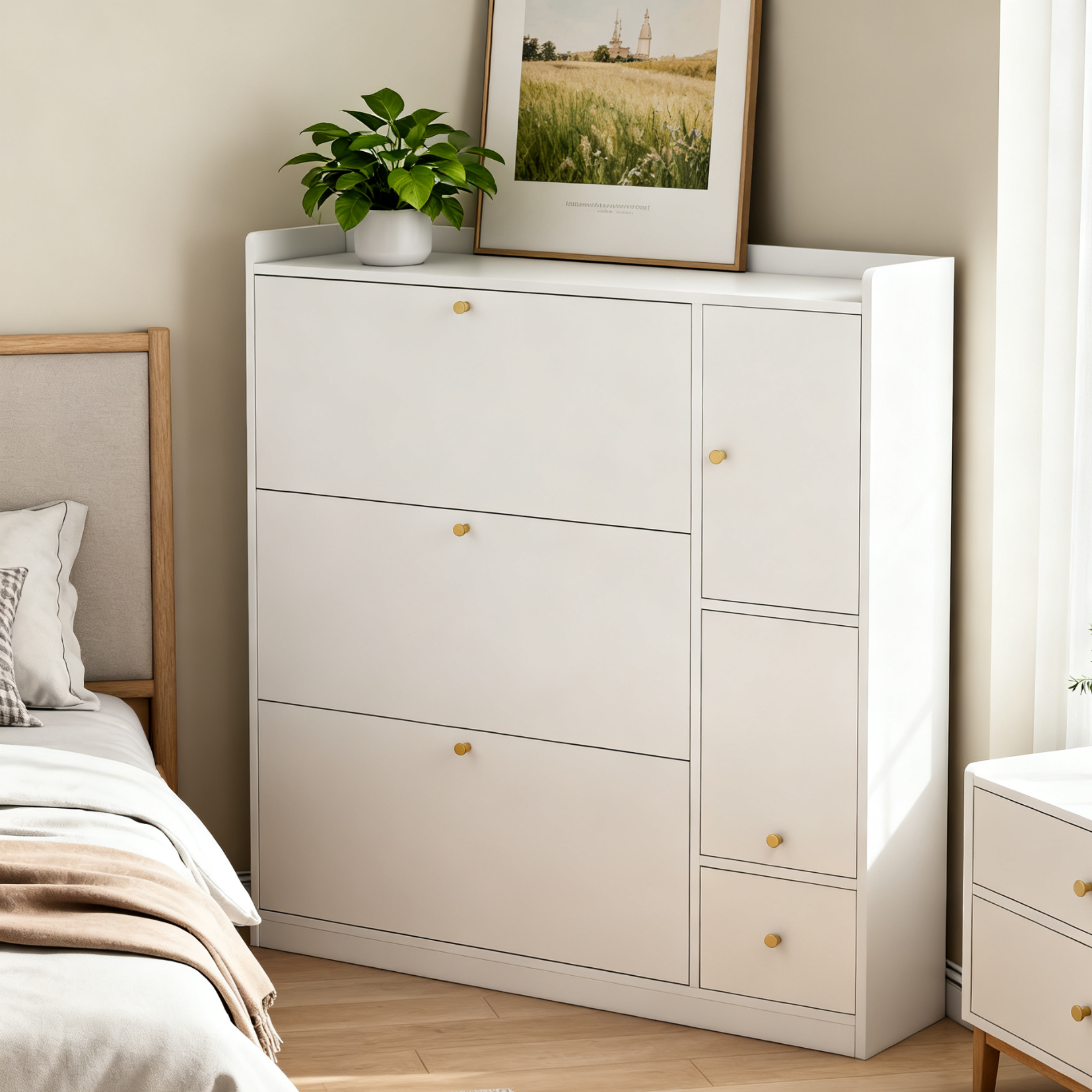 Meuble à chaussures blanc 119x24x122 cm avec 3 tiroirs basculants, tiroir de rangement, étagères réglables et banc rabattable