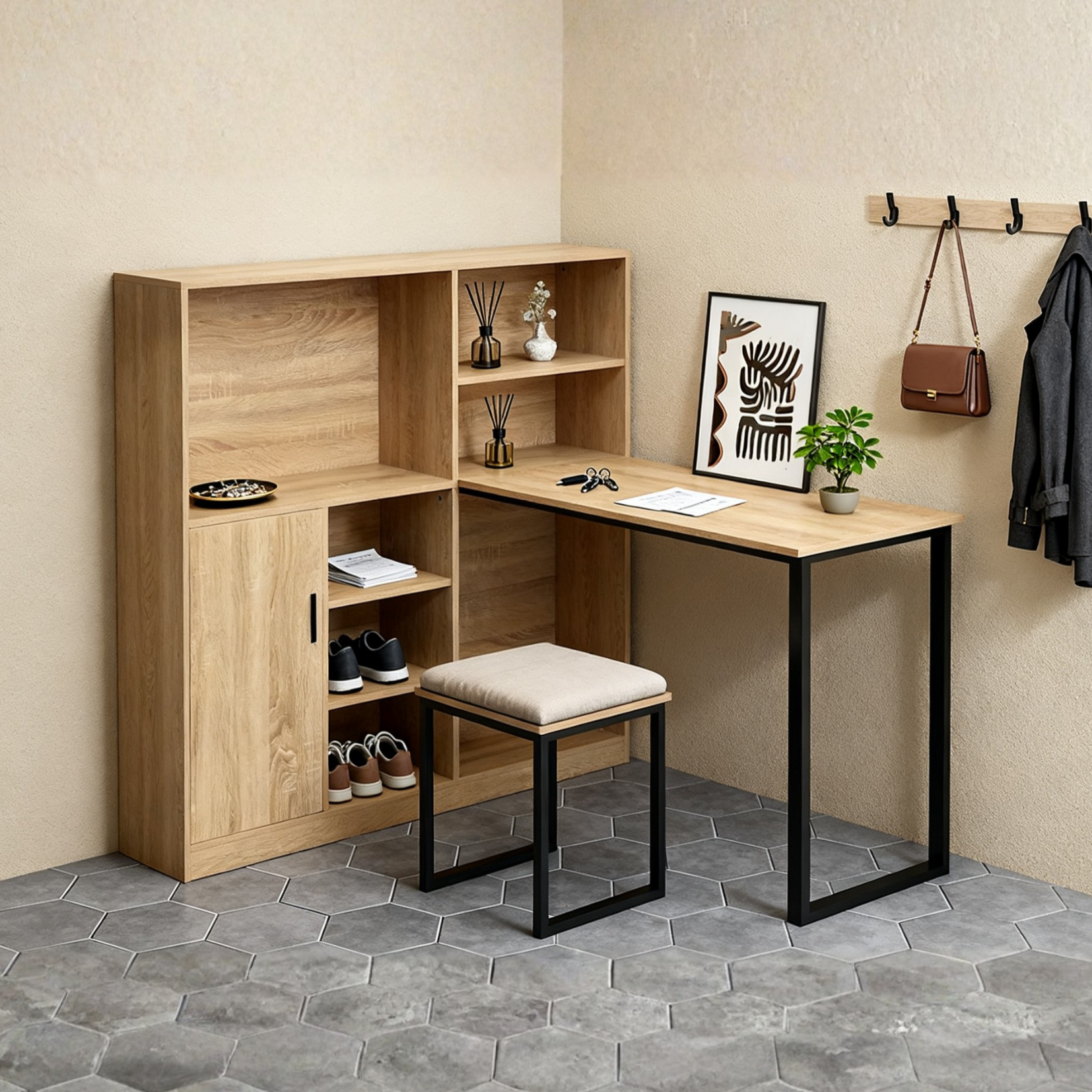 Bureau avec étagères et armoire intégrée en MDF finition bois naturel