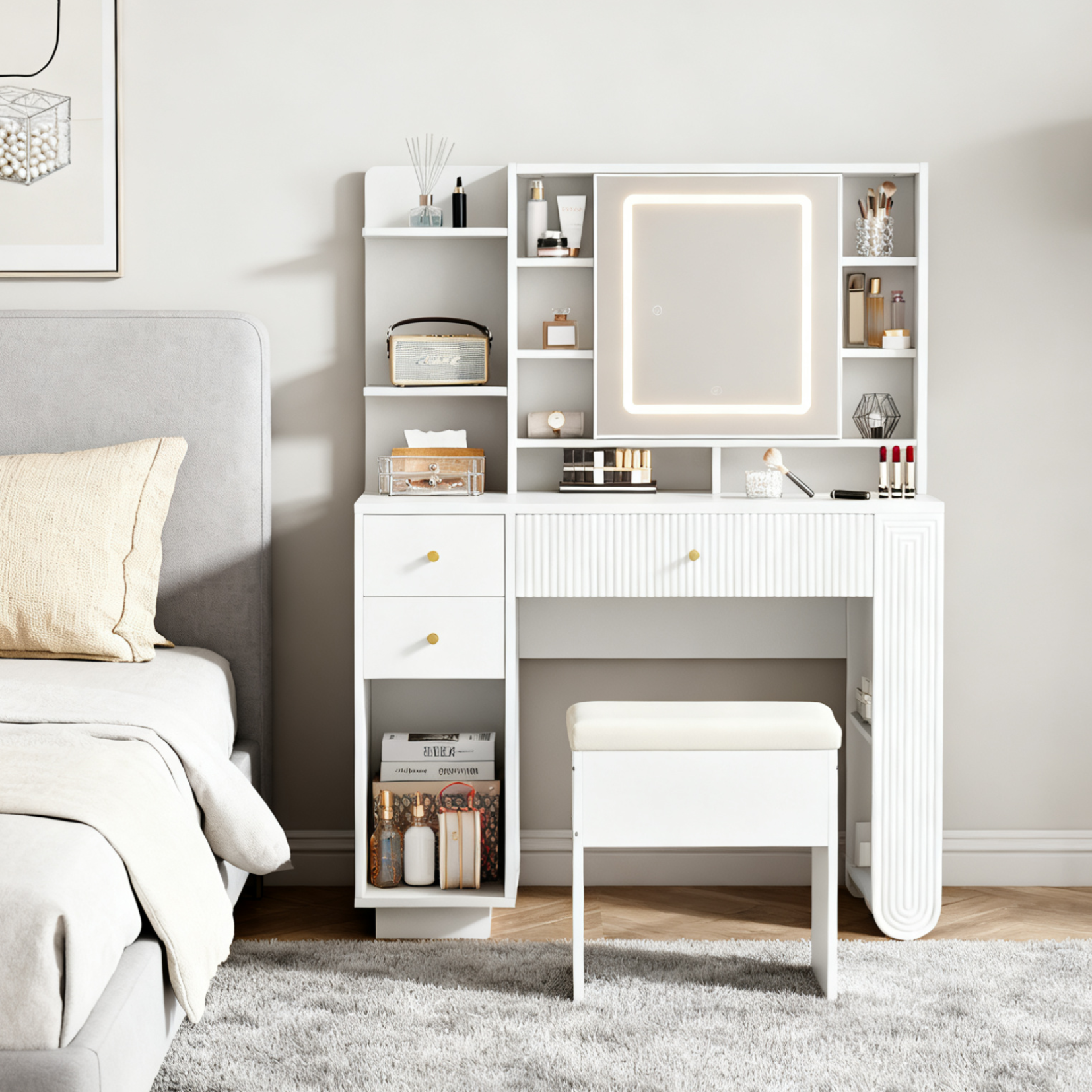Coiffeuse moderne avec miroir éclairé & tabouret – Table de maquillage avec éclairage réglable, tiroirs & rangements ouverts