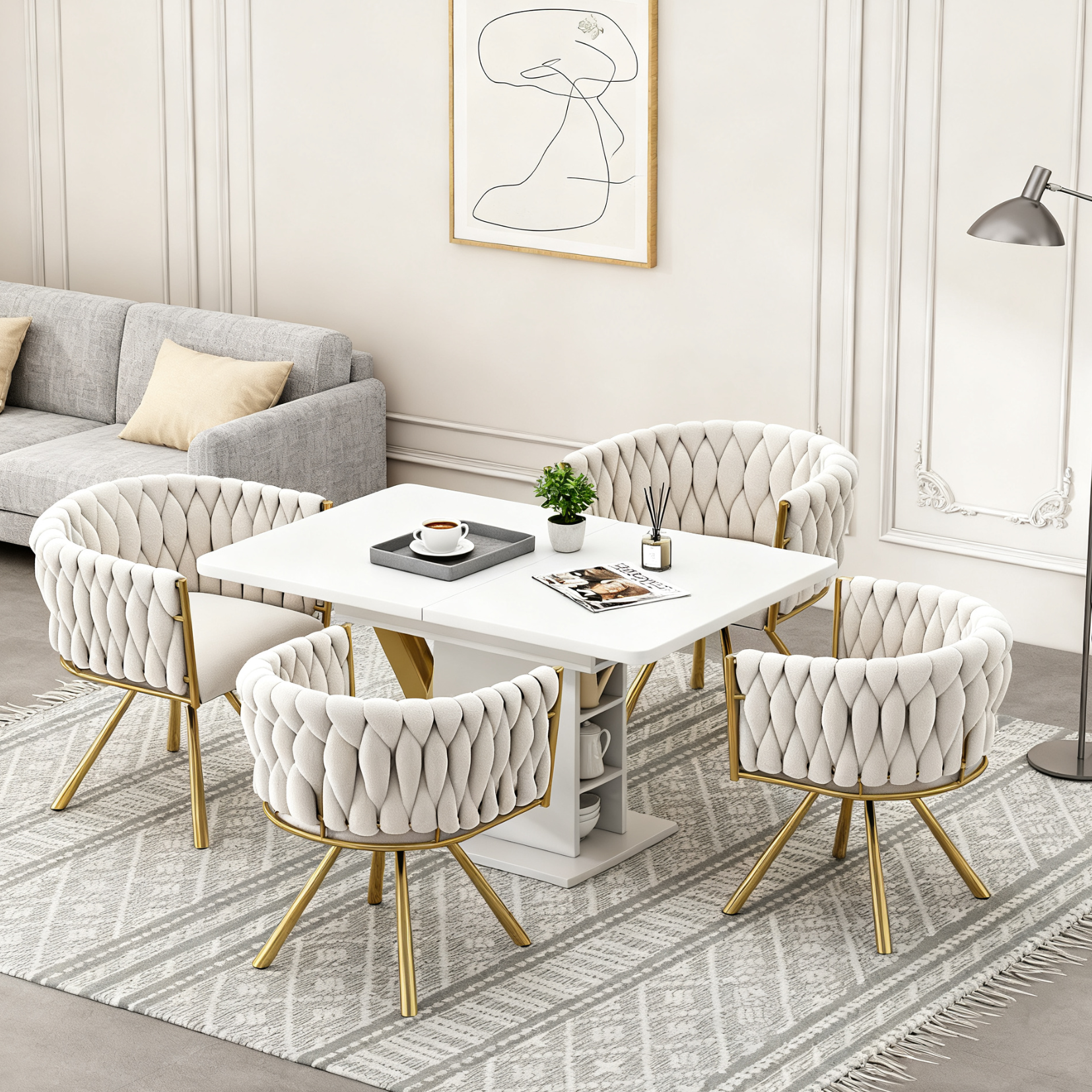 Lot de 4 chaises pivotantes de salle à manger en velours beige avec pieds en métal doré