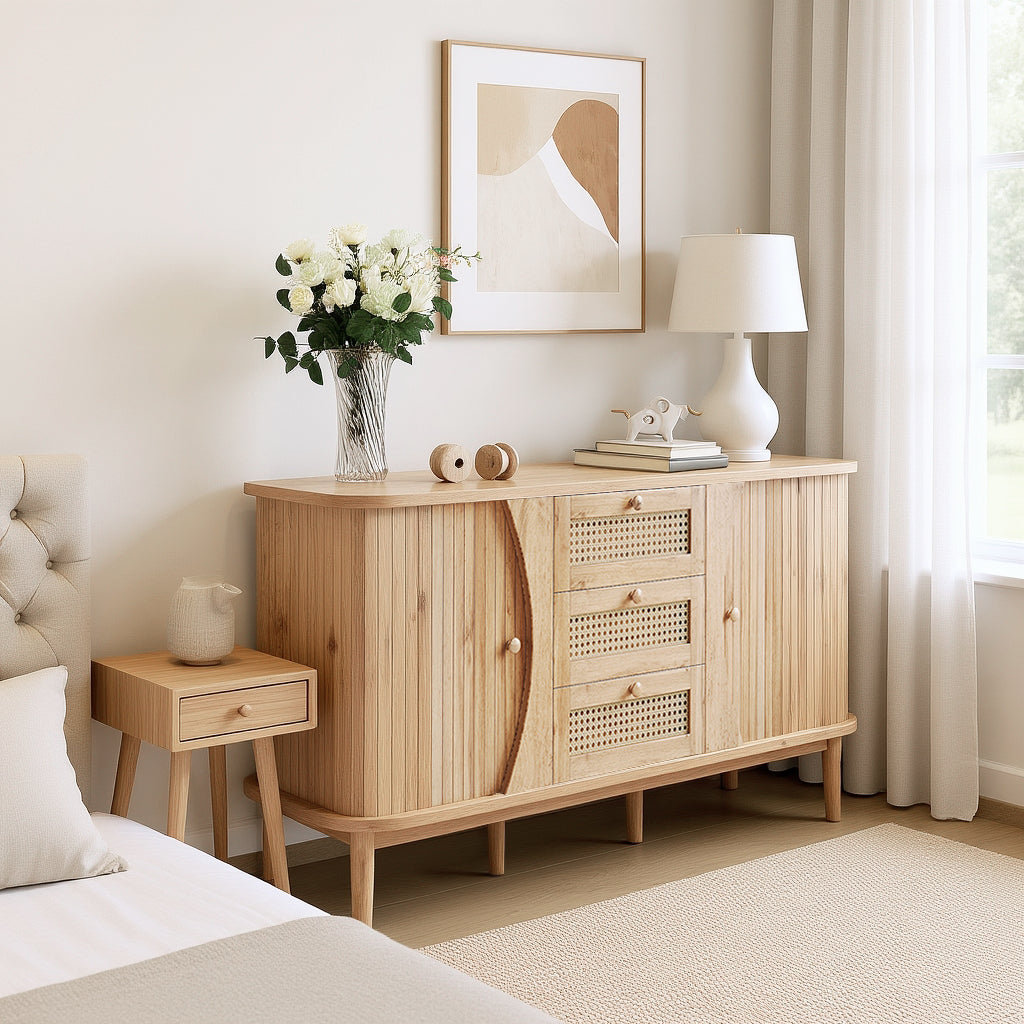 Buffet en bois avec portes coulissantes en cannage, 3 tiroirs et étagères réglables, plateau arrondi