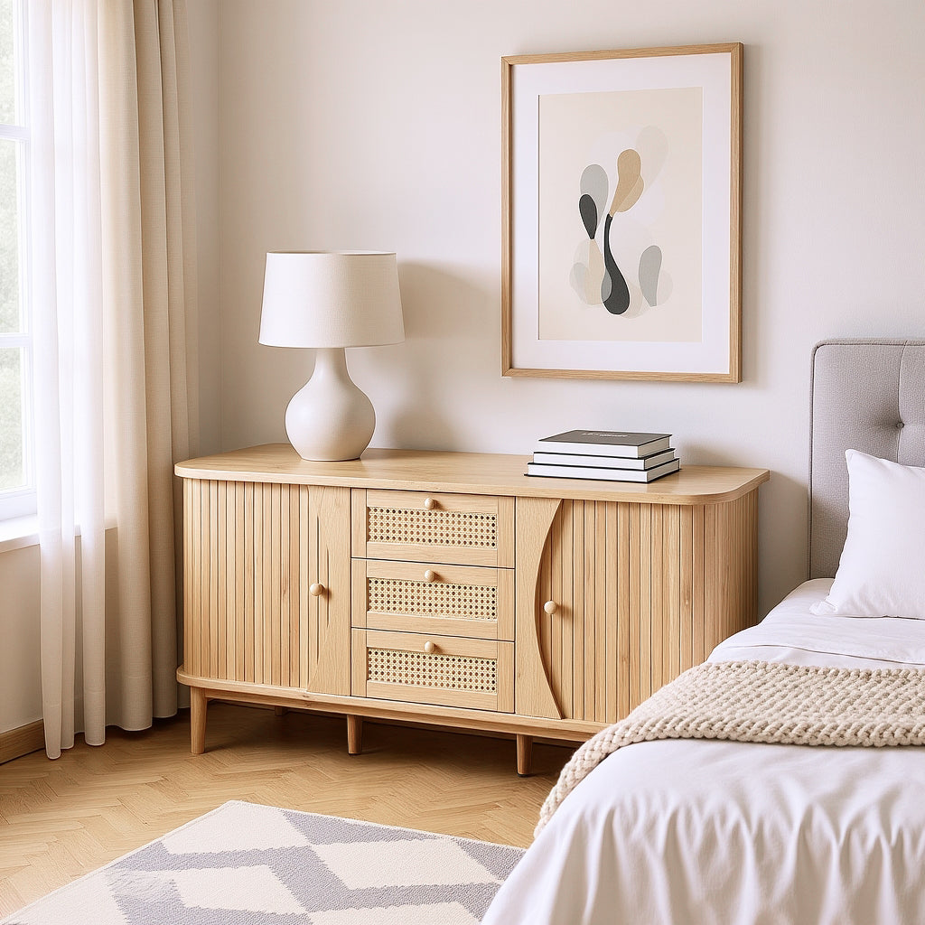 Buffet en bois avec portes coulissantes en cannage, 3 tiroirs et étagères réglables, plateau arrondi