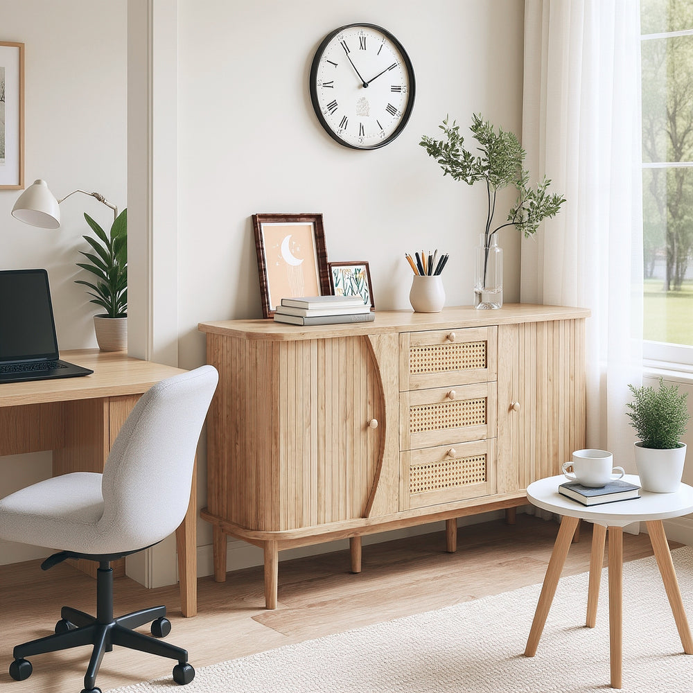Buffet en bois avec portes coulissantes en cannage, 3 tiroirs et étagères réglables, plateau arrondi
