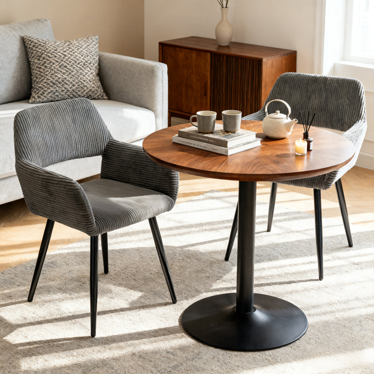 Lot de 2 fauteuils de salle à manger scandinaves avec accoudoirs en velours côtelé gris - CROMWELL CORDUROY