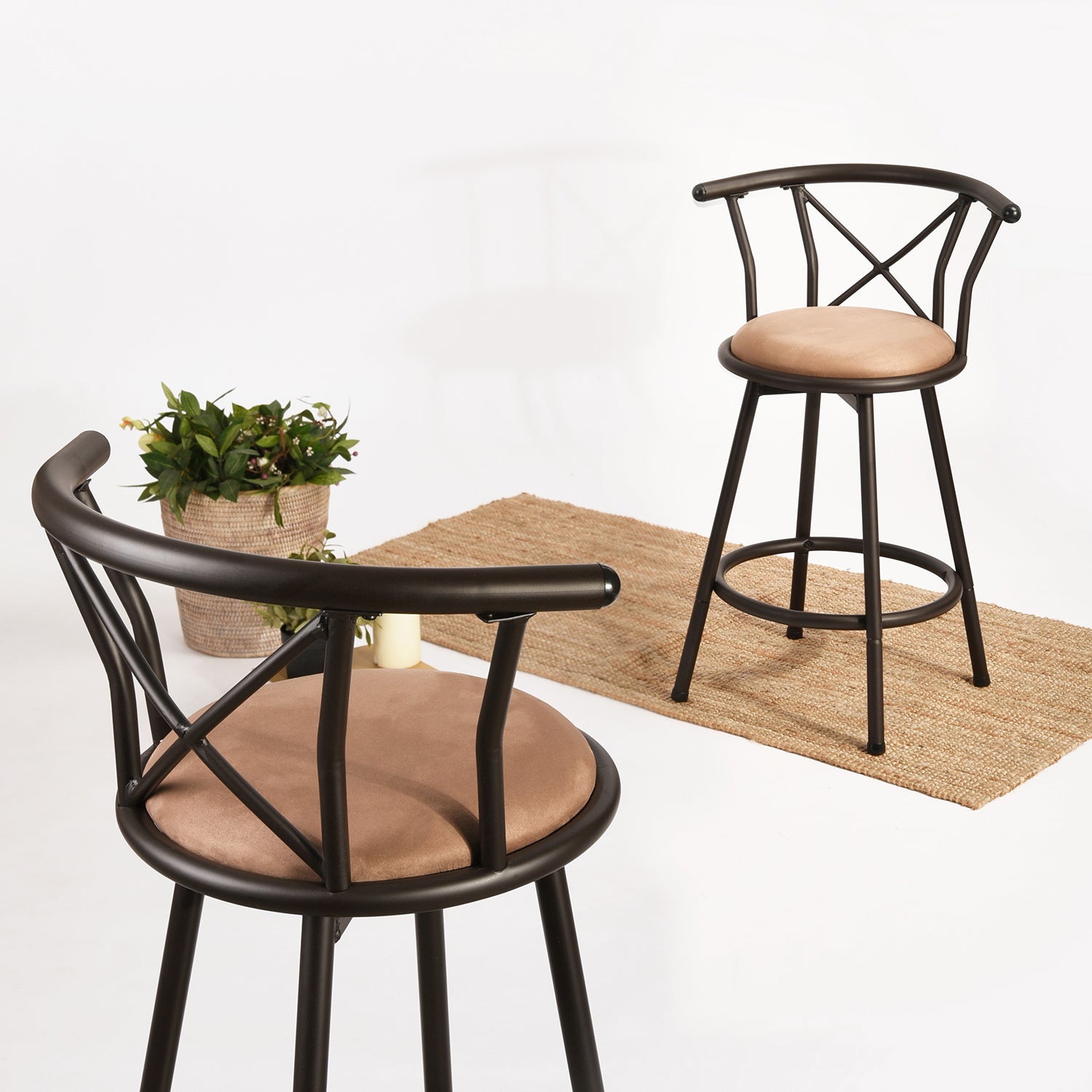 Set von 2 drehenden Industriestangenhocker mit brauner Stoffdatei - Hailey 24