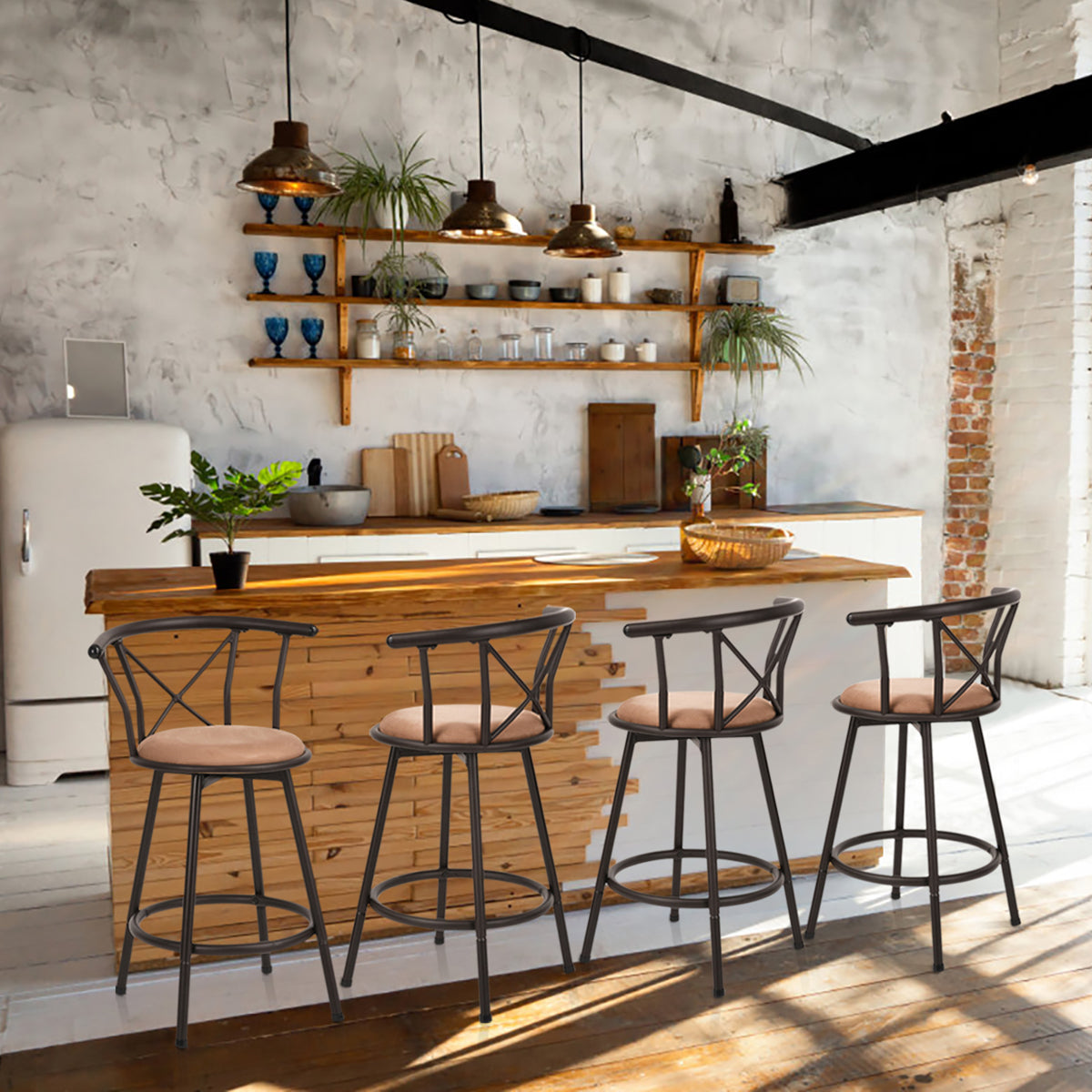 Lot de 4 tabourets de bar industriels pivotants avec dossier en tissu marron - HAILEY 24