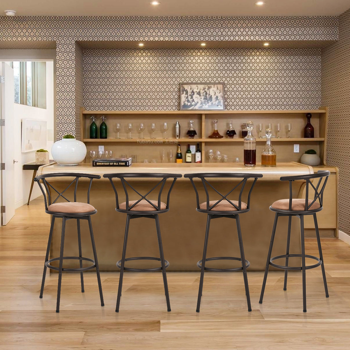 Set von 6 schwenkbaren Industriestangenhockern mit brauner Stoffrückländer - Hailey 29