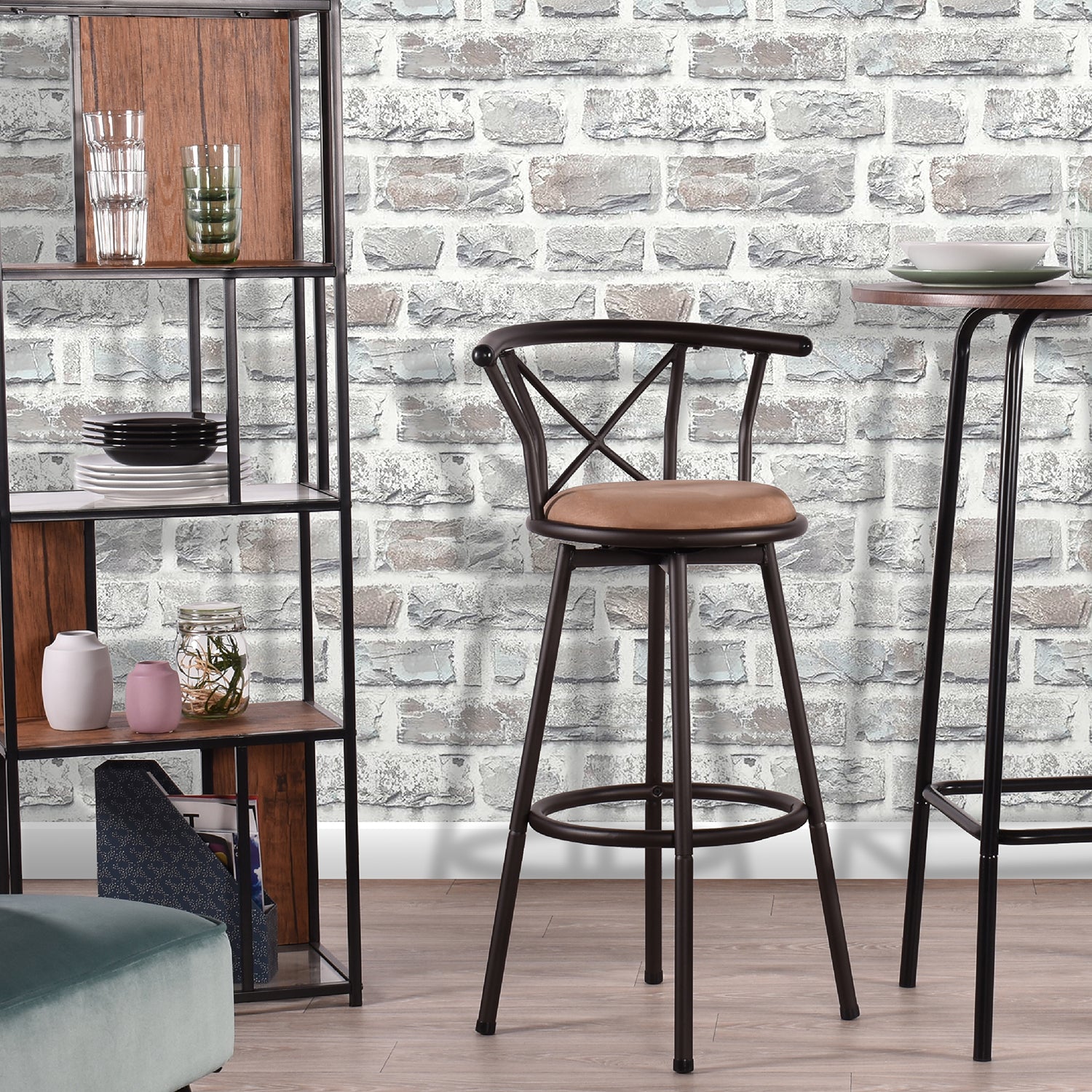 Set von 6 schwenkbaren Industriestangenhockern mit brauner Stoffrückländer - Hailey 29