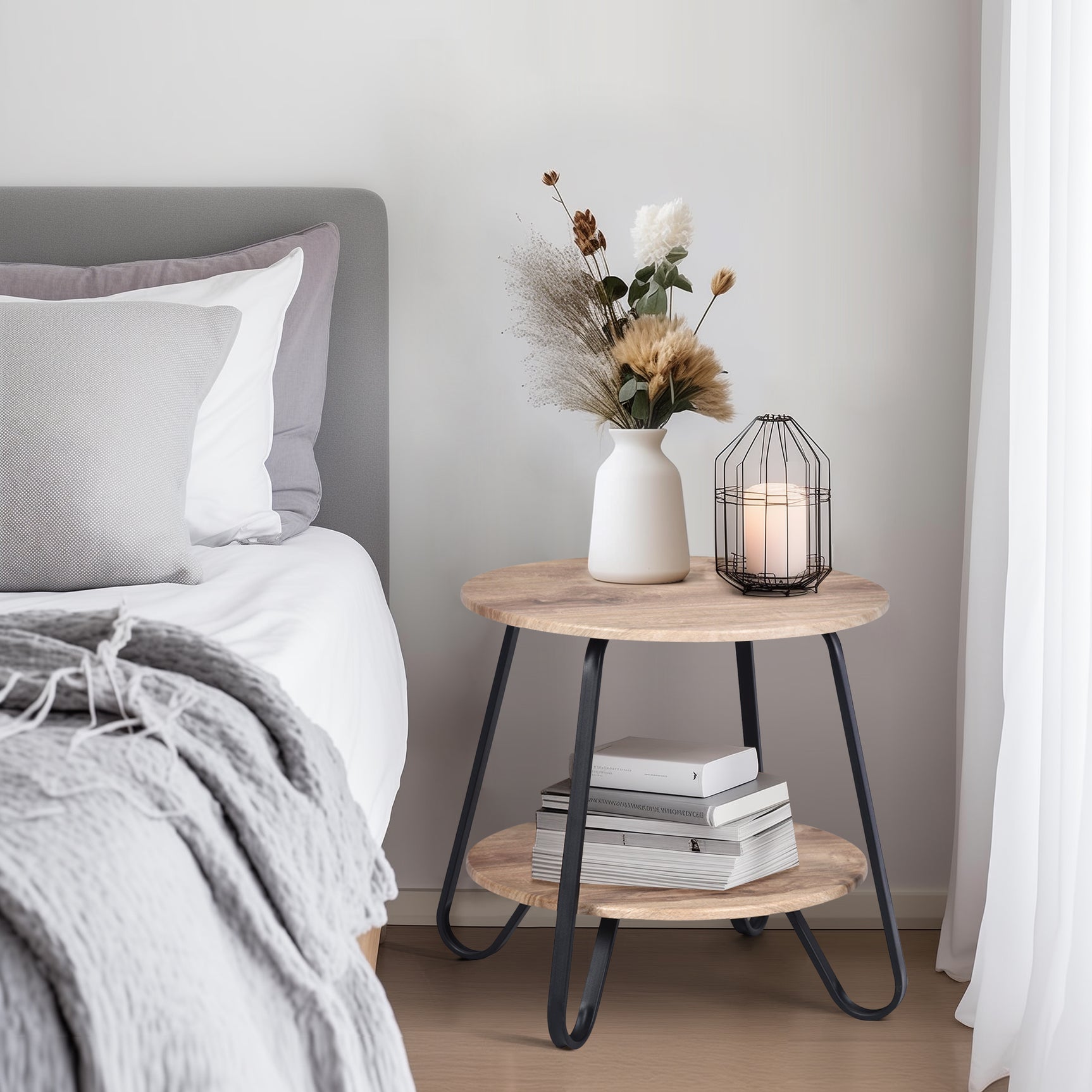 Table d'appoint ronde à 2 niveaux style industriel en métal noir et bois imitation chêne - KONYA TARRANT