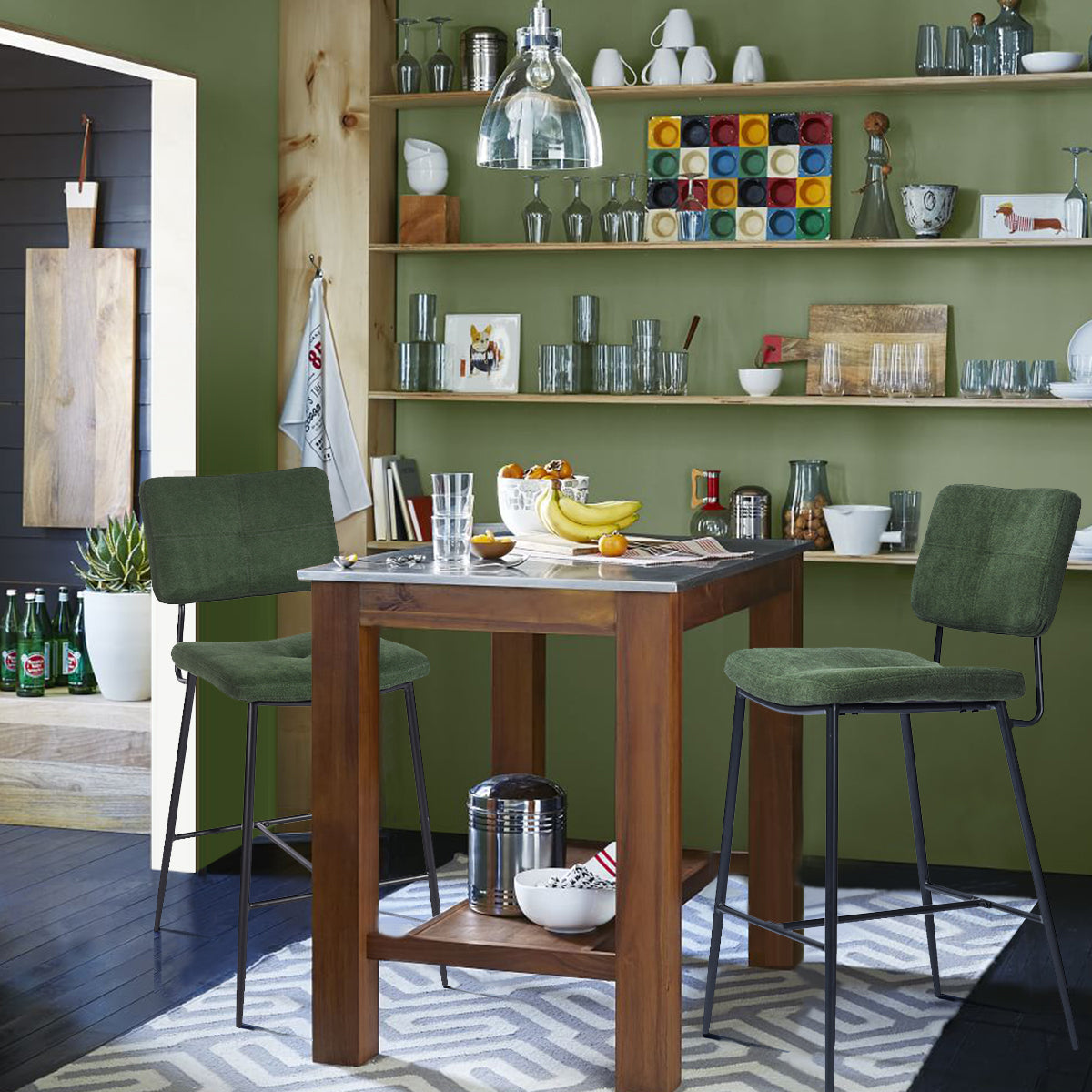 Set aus 2 industriellen Barhockern mit grüner Stoffrückseite – INDEPENDENCE BAR