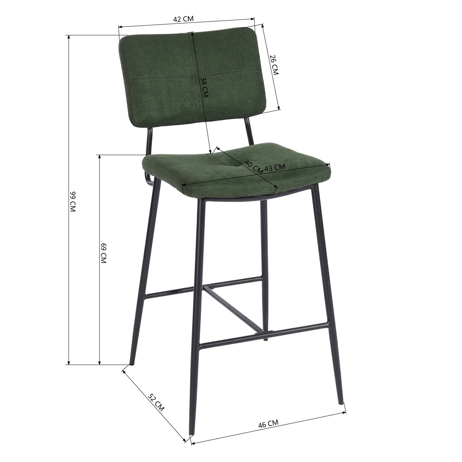 Lot de 2 tabourets de bar industriels avec dossier en tissu vert - INDEPENDENCE BAR
