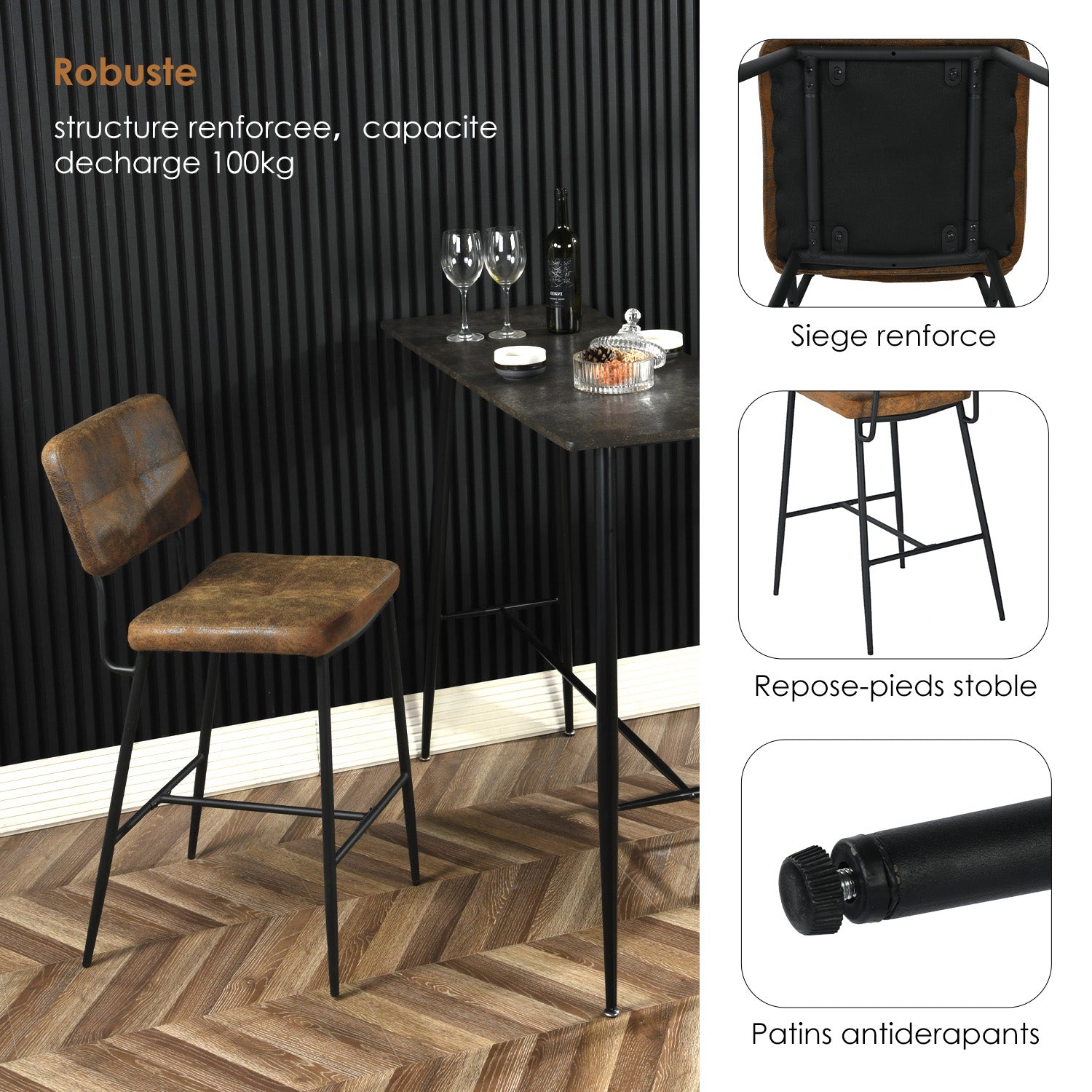 Set mit 4 industriellen Barhockern mit Wildlederrücken – INDEPENDENCE BAR