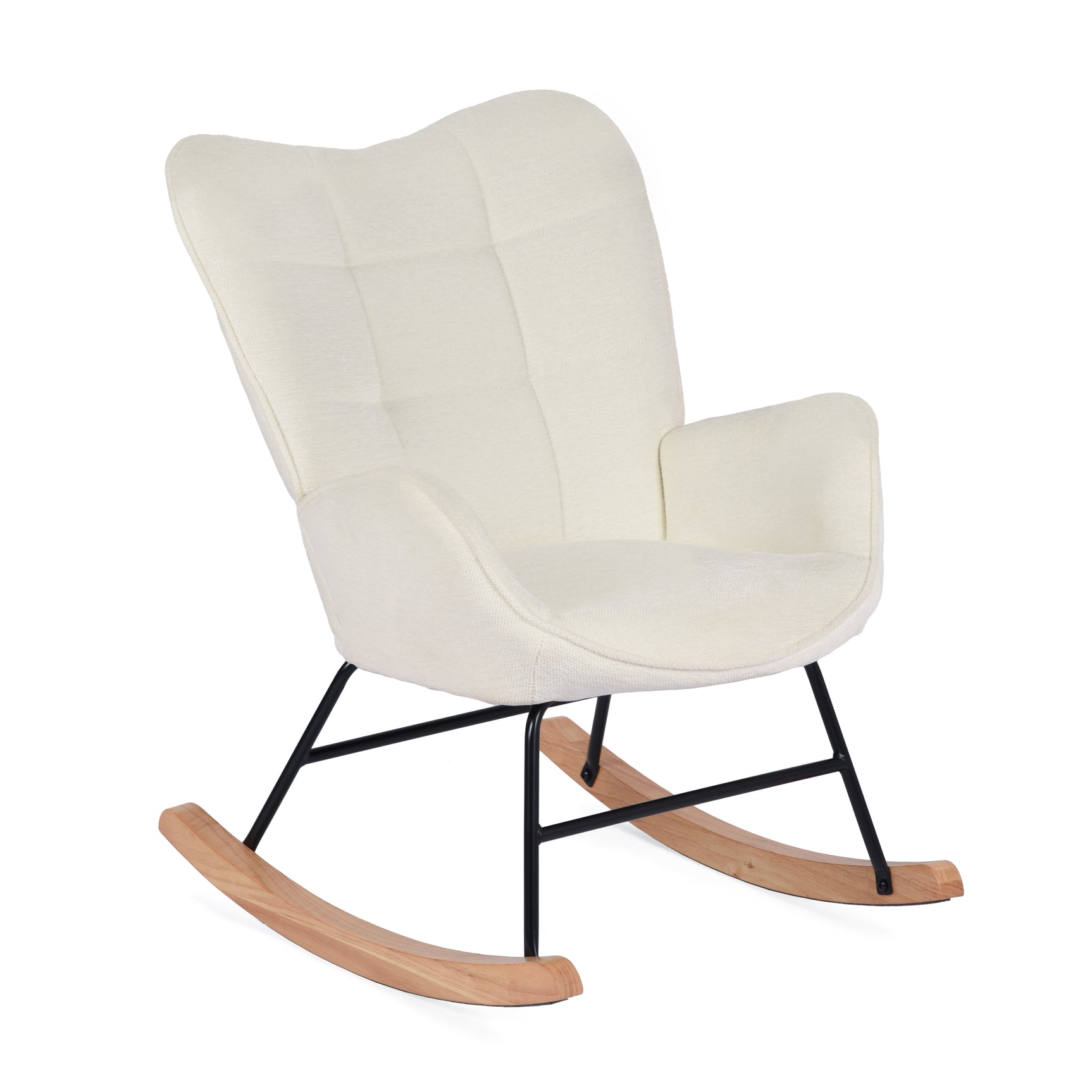 Fauteuil à bascule allaitement scandinave avec accoudoirs en chenille blanche à surpiqûres - KANAS